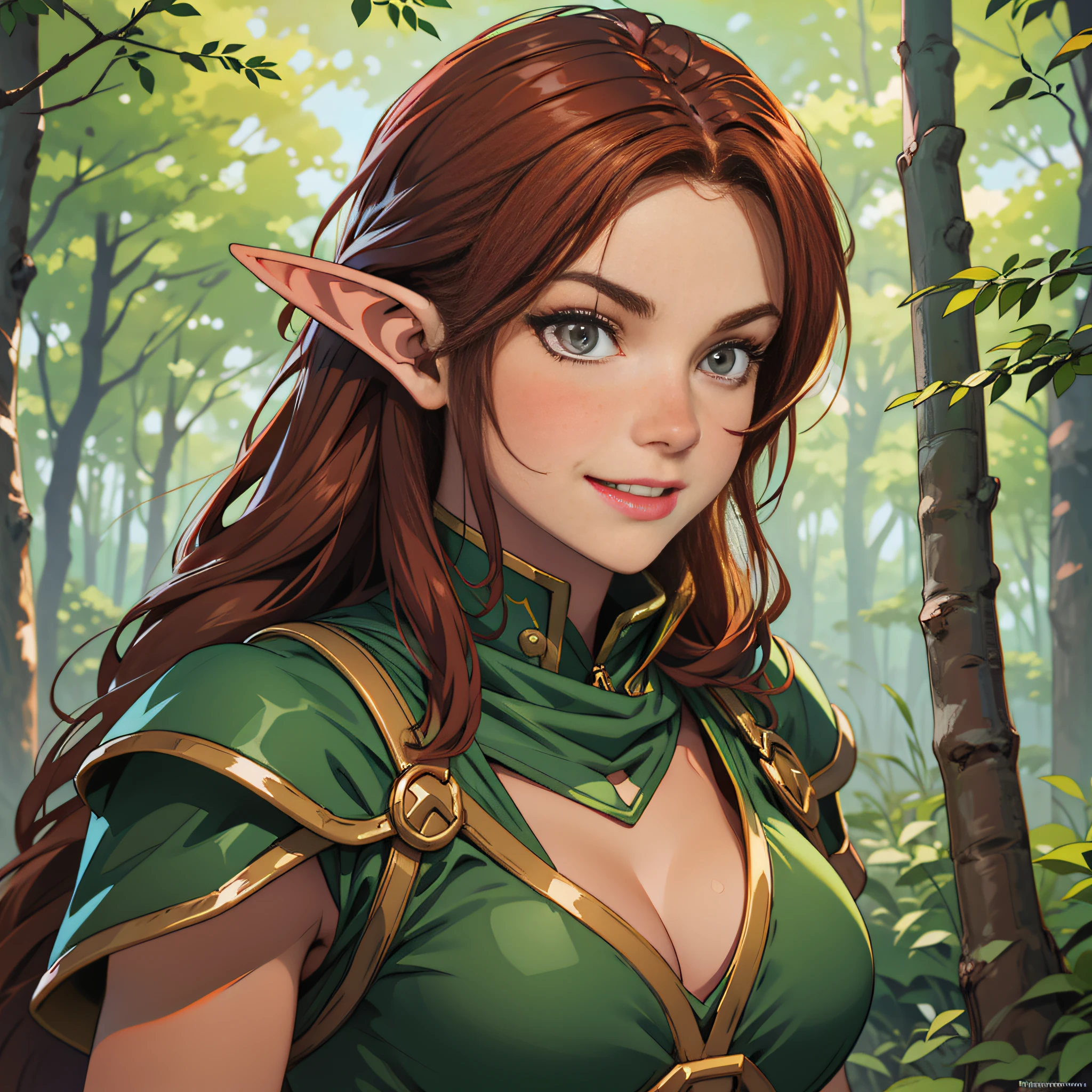 Portrait Rpg, close-up, Vector art, High Quality, Race: Hunter Elf, Gender: Female, Age: mid 20 years, Eyes color: Brown, Skin color: white tan skin, Physique: muscle and robust complexion, Facial features: Feather in the hair, without marks in the face, Expression: Happy look smiling, Hair style: Redish brown hair long, Equipment: Hunter clothes, Background: Forest