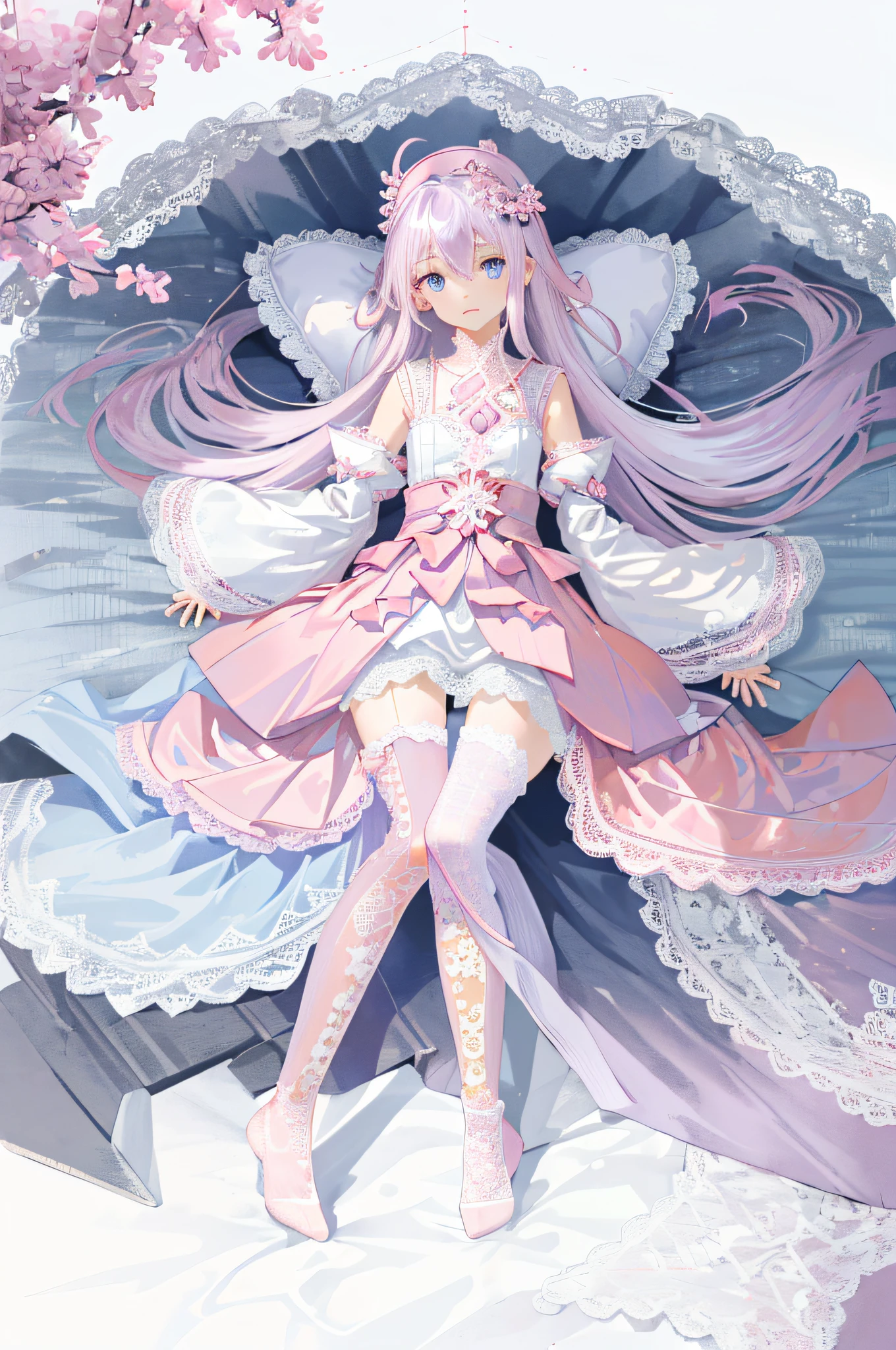 [(white background:1.5),::5]
(((mauve:0.2|pink:0.5|legwear|long|lace:1.3))),
8k,high contrast,masterpiece, hime cut, best quality, 
miko, hatsumoude, tree,
full body,aged down,  summer,illustrator,water spring,
1girl, cat girl,no shoes, 
white shirt,shirt,
blue eyes, white hair, long hair,tachi-e