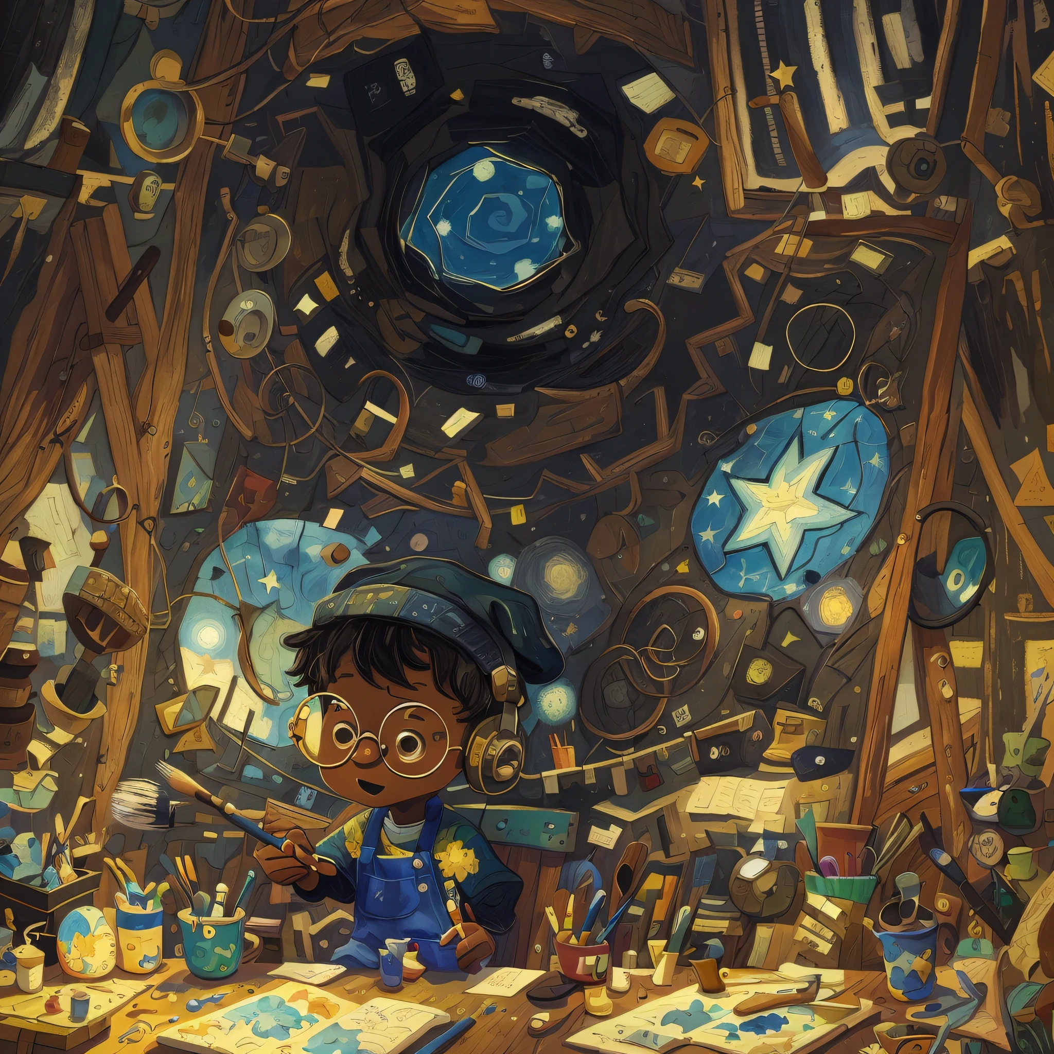 m black boy, round glasses, apron, painter, holding a brush, beanie, headphones, painting, happy, happy, perfect quality, clear focus, children's art in ArtStation (clutter - house: 0.8), (masterpiece: 1.2) (realistic: 1.2) (bokeh) (best quality) (detailed leather: 1.3) (intricate details) (8K) (detail eyes) (sharp focus), (happy), in the background Van Gogh's starry night, starry night painting, beautiful uhd art 4 k, starry night, by Van Gogh, starry night!!!!!!!!!!!!!!!!!!!!, starry night background painting, starry night art, brush strokes effect