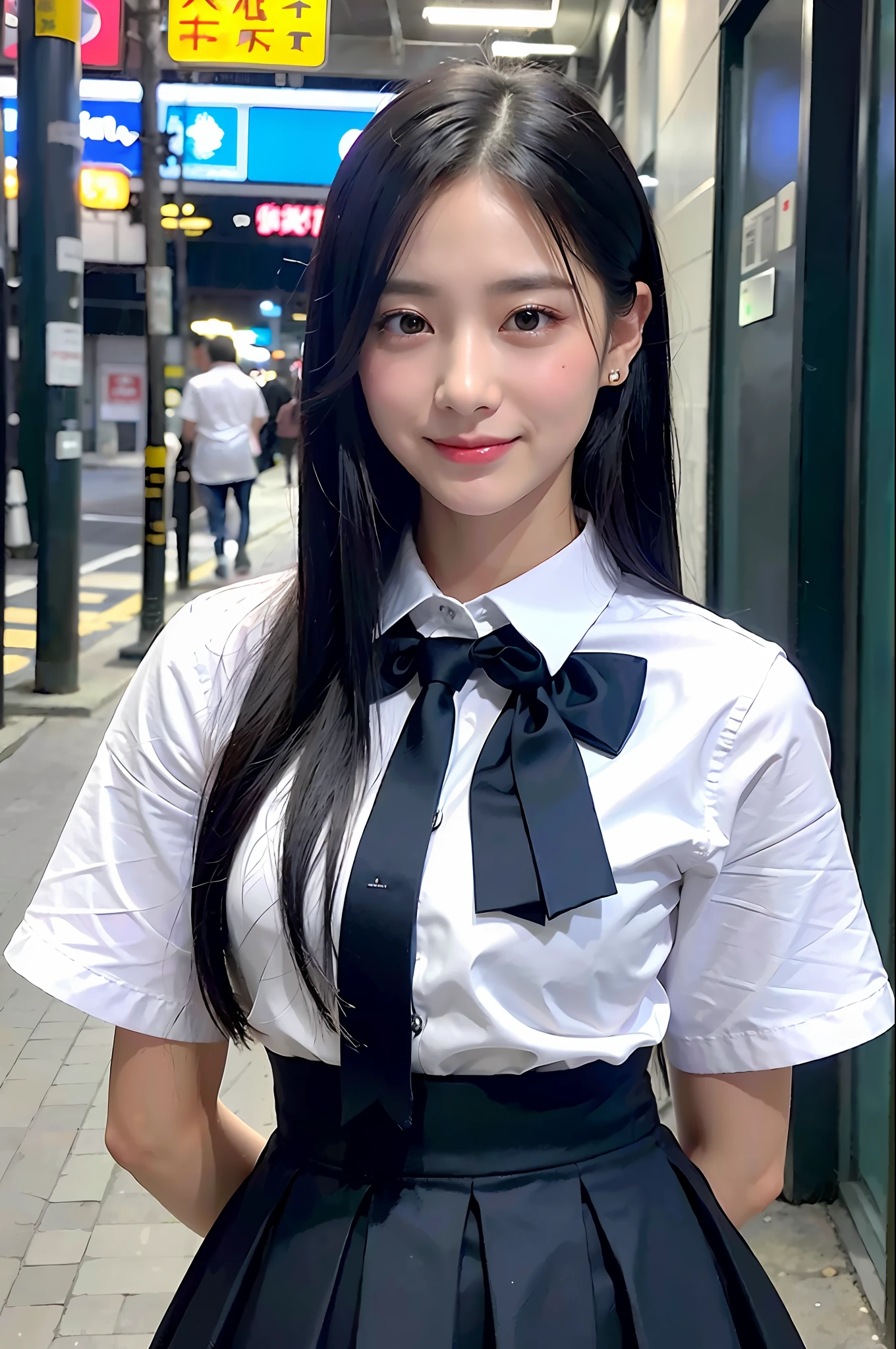 (8k, RAW photo, best quality, mastery:1.3), (realistic, photo-realistic:1.37), (looking viewer:1.331), (white hair), posing, Tokyo street, nightcityscape, cyberpunk city, soft light, 1girl, extremely beautiful face , Perfect body proportions, (small face: 1.1), bust, casual hairstyle, smile, big eyes, (short sleeves JK_shirt), JK_style, (navy JK_skirt), (bow JK_tie), mix4, detailed eyes