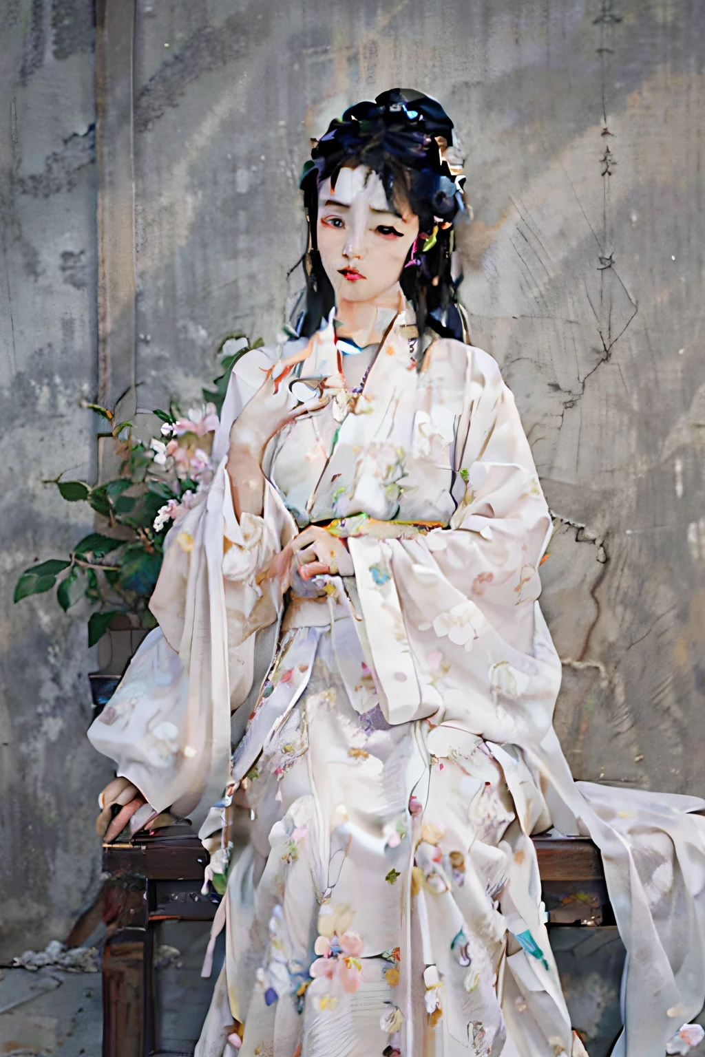 1girl, solo, waist up, hanfu fashion, (flower blossom:1.2) jewelry, ancient art, chinese, long_hair, cloud, white smoke official art, unity 8k wallpaper, ultra detailed, aesthetic, masterpiece, best quality, photorealistic