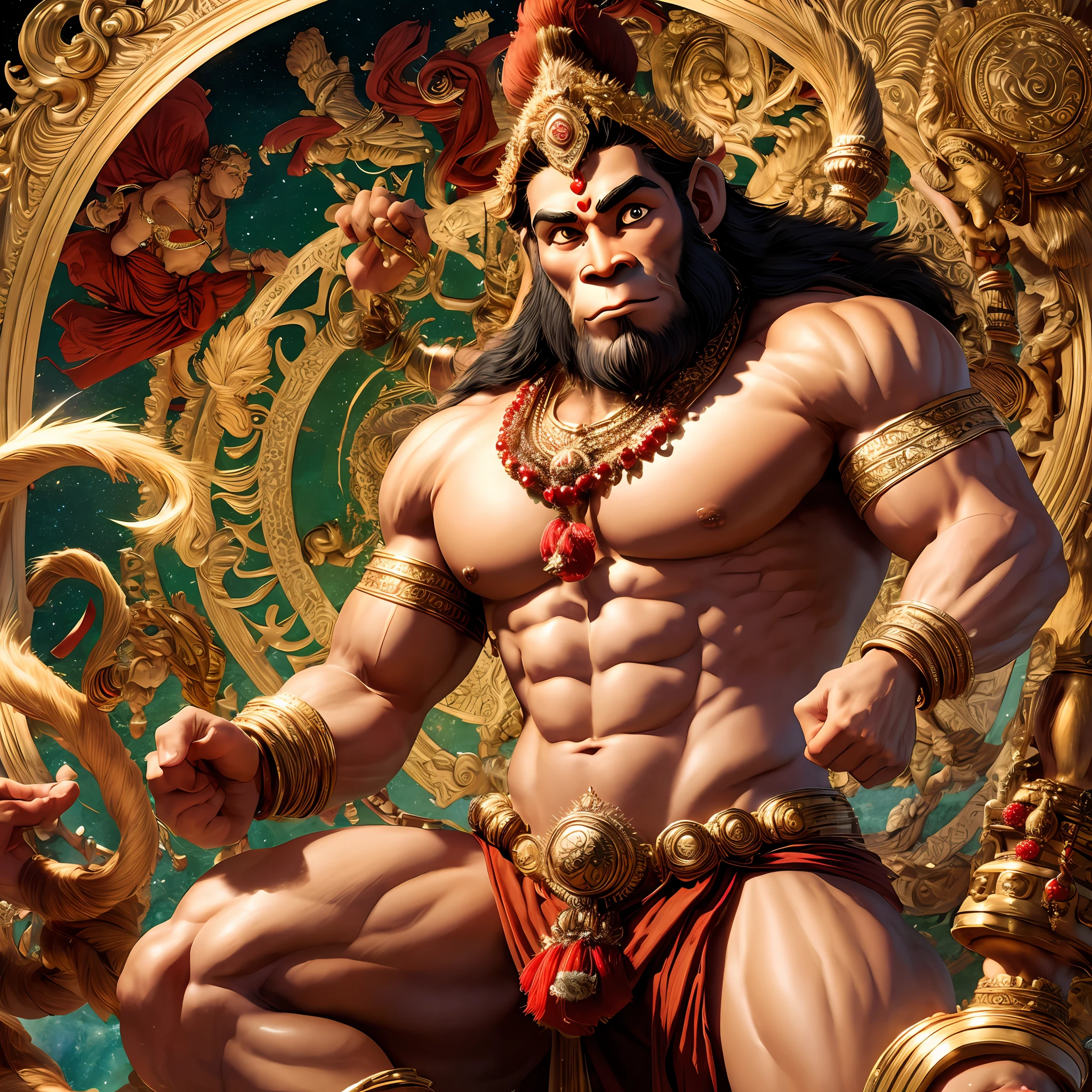 Hanuman, mighty and devoted monkey god, having a unique appearance that combines human and simian features, Hanuman is often depicted as a strong and muscular figure, ell-built physique, He is typically depicted with a reddish or golden complexion, Hanuman is often shown with a long, flowing tail, emphasizing his monkey heritage, Hanuman's face is often depicted with a prominent and powerful expression, His eyes are said to be bright and intense, reflecting his unwavering focus and devotion, Hanuman is often shown with a prominent, upturned, and slightly curved nose, wearing a loincloth or a simple garment, wearing various ornaments, such as armlets or a sacred thread, UHD, masterpiece, ccurate, anatomically correct, textured skin, super detail, high details, high quality, award winning, best quality, highres, 8k --auto --s2