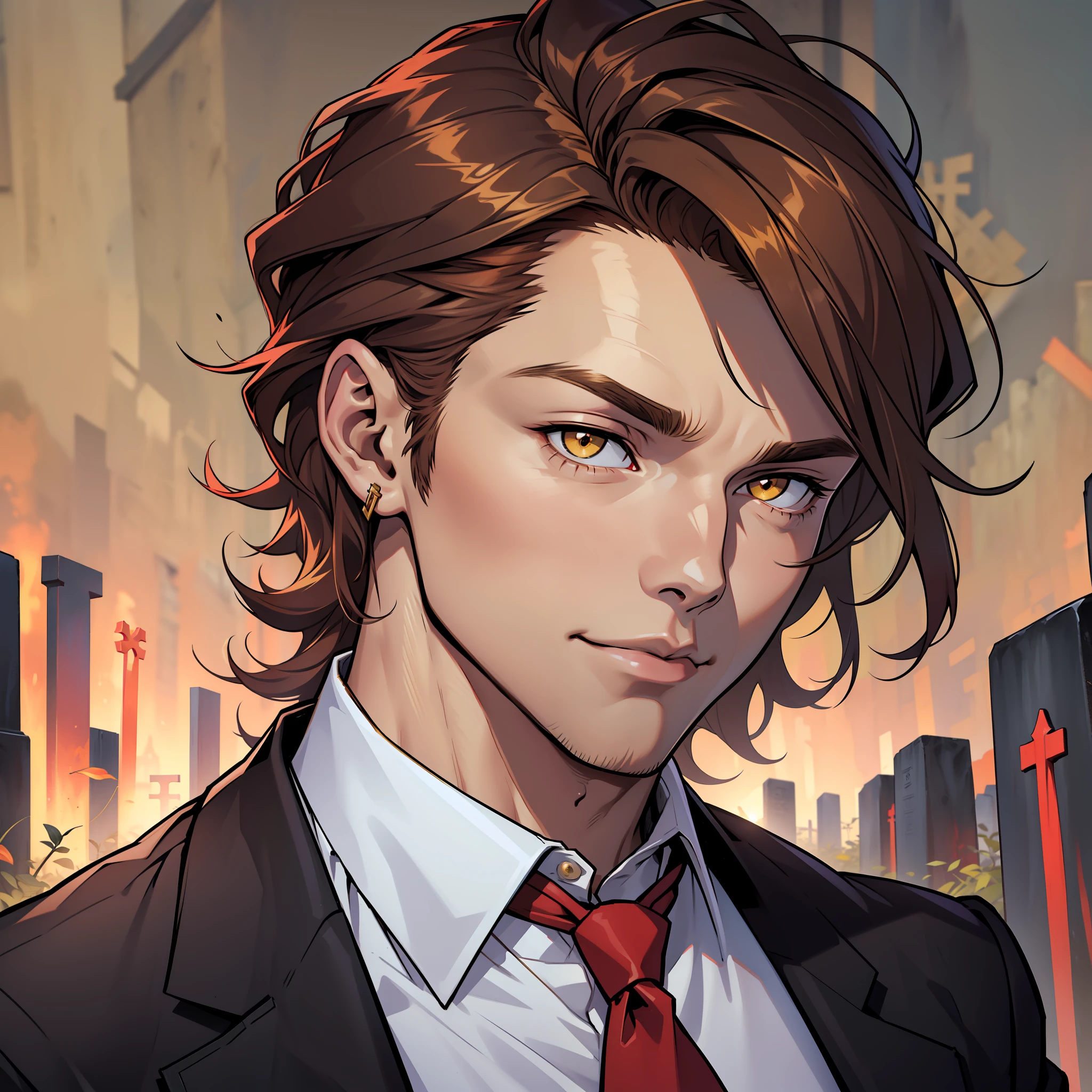 "Describe a male character with tie and shirt in 535959 color, red tie and brown hair, medium hair, wearing a small gold earring on the right ear, as outlined black with anime features, yellow eyes, cemetery background