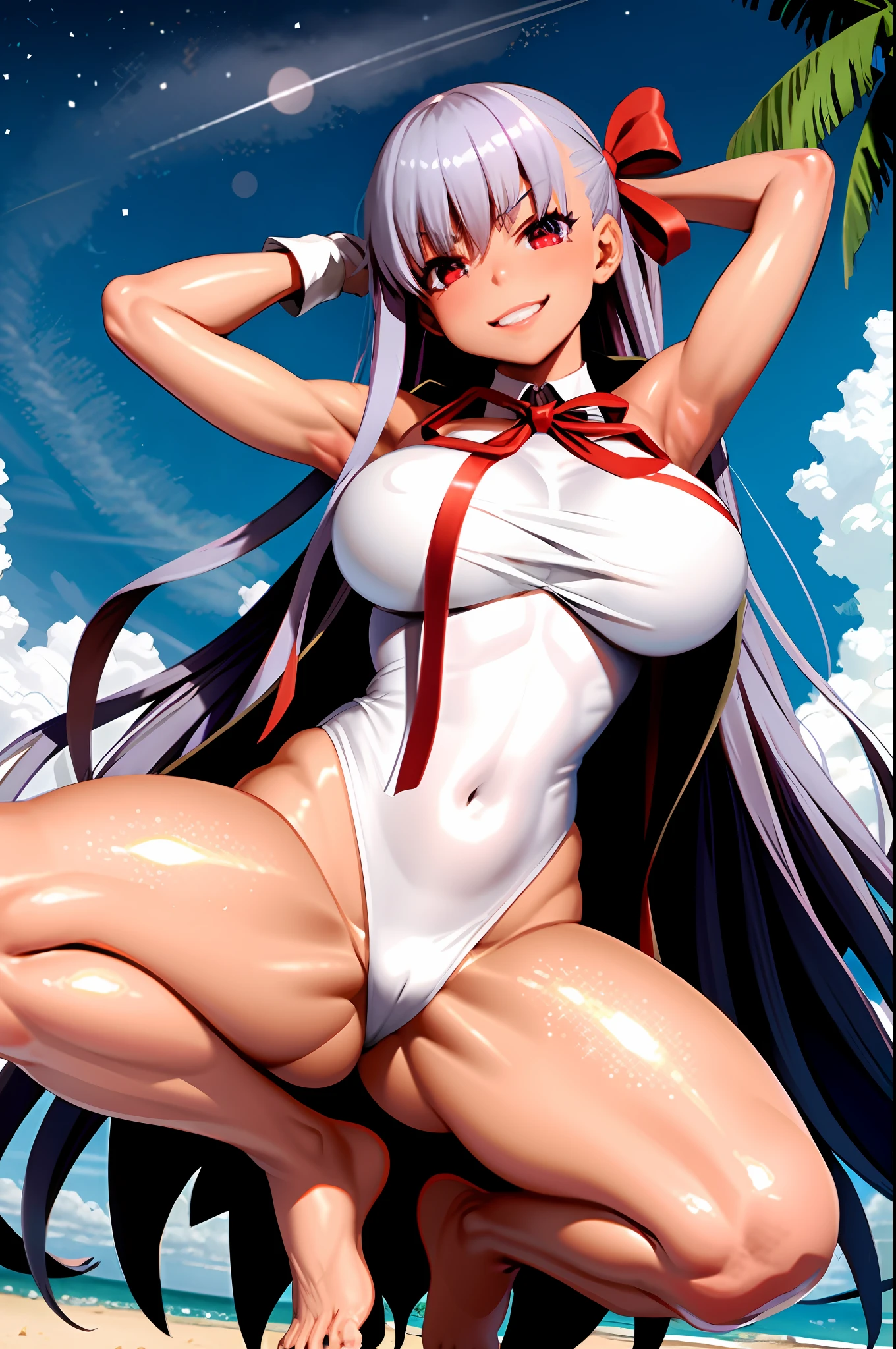 summer bb, fgo, (tanlines, dark-skinned female, gyaru:1.1), solo, angry, smile, red eyes, long hair, purple hair, red hair bow, neck ribbon, white highleg leotard, black coat, white gloves, open coat, huge breasts, star (sky), palm tree, starry sky, night, beach, squatting, arms raised, armpits