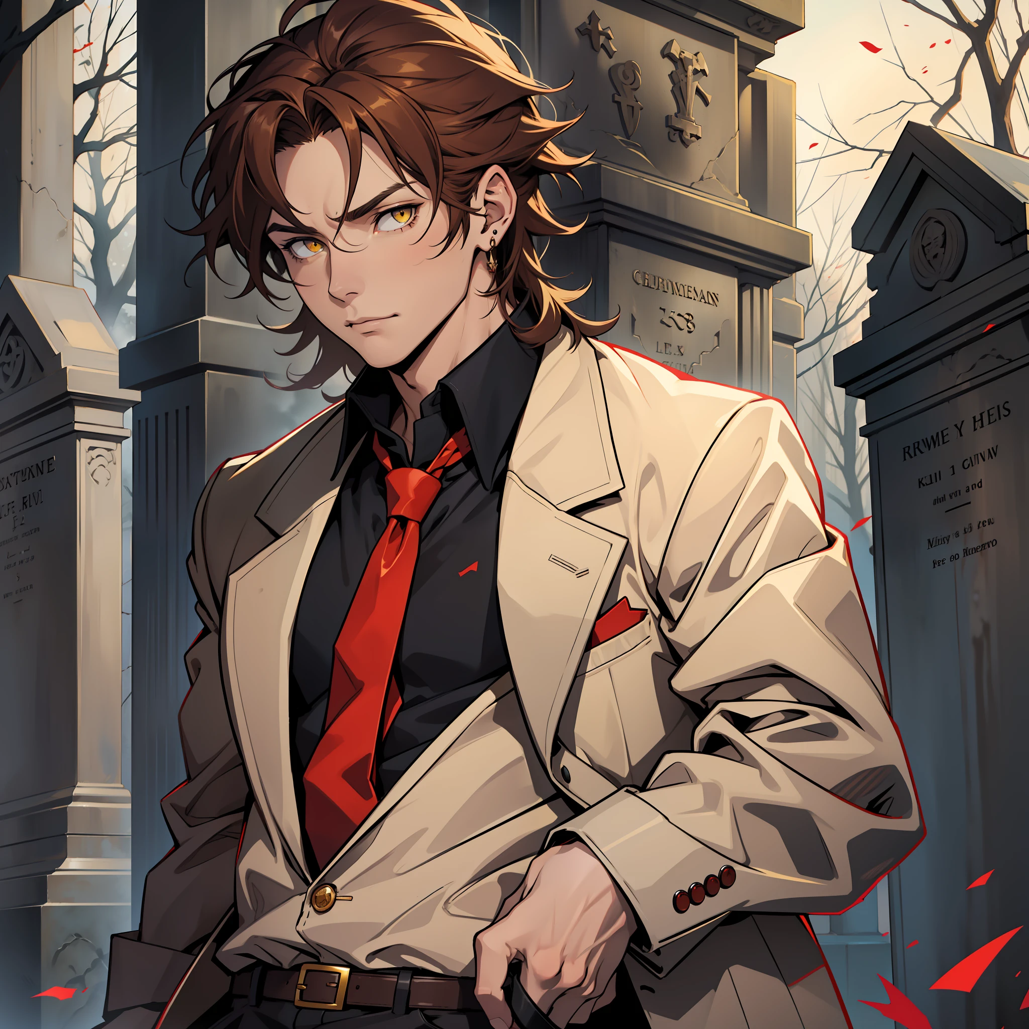 "Describe a male character with tie and shirt in 535959 color, red tie and brown hair, medium hair, wearing a small gold earring on the right ear, as outlined black with anime features, yellow eyes, cemetery background