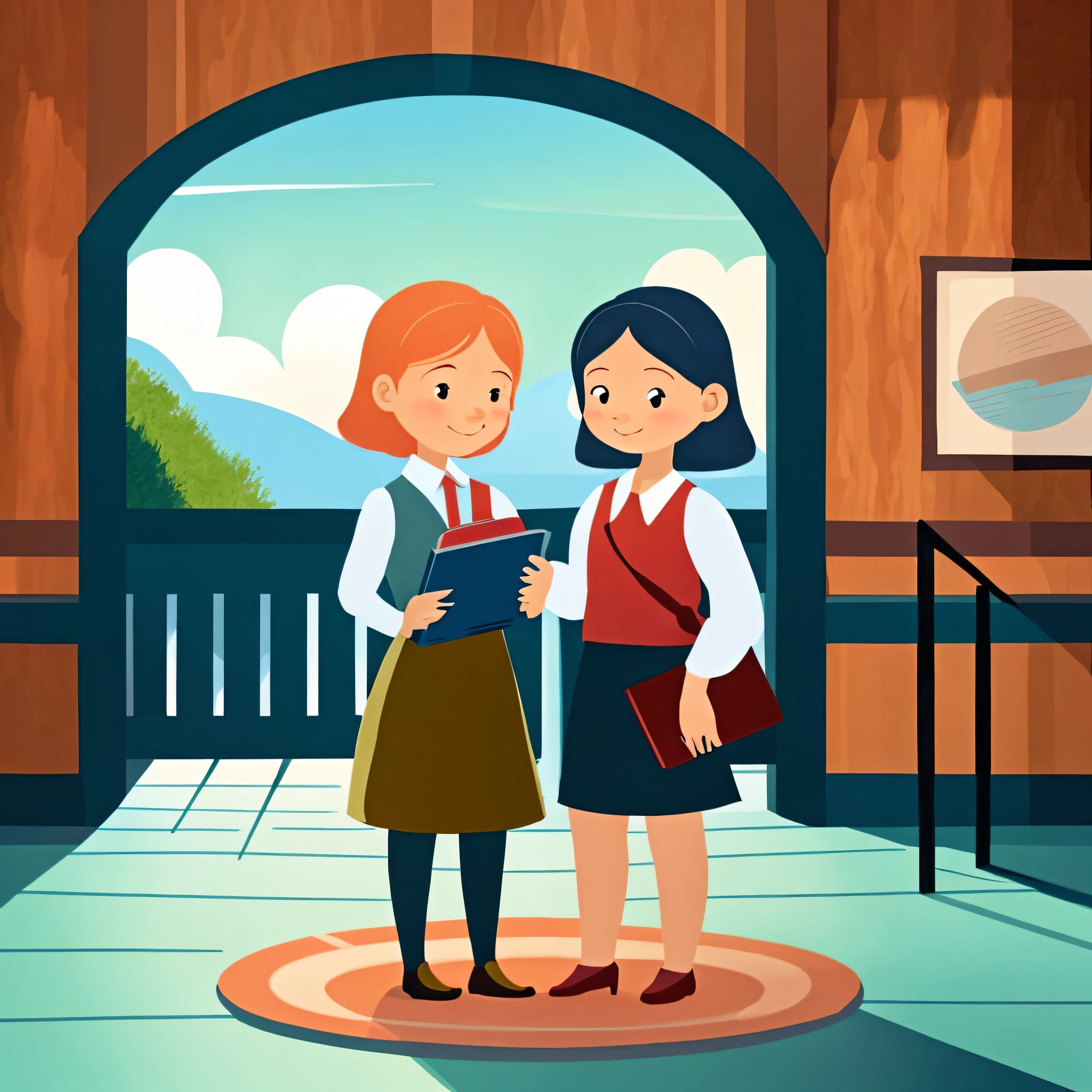 cartoon illustration of two girls standing in a room with a book, flat illustration, stylized digital illustration, kids book illustration, colorful kids book illustration, cartoon style illustration, children book illustration, childrenbook illustration, digital illustration -, childrens book illustration, children's book illustration, children’s book illustration, a storybook illustration, cute storybook illustration, story book illustration