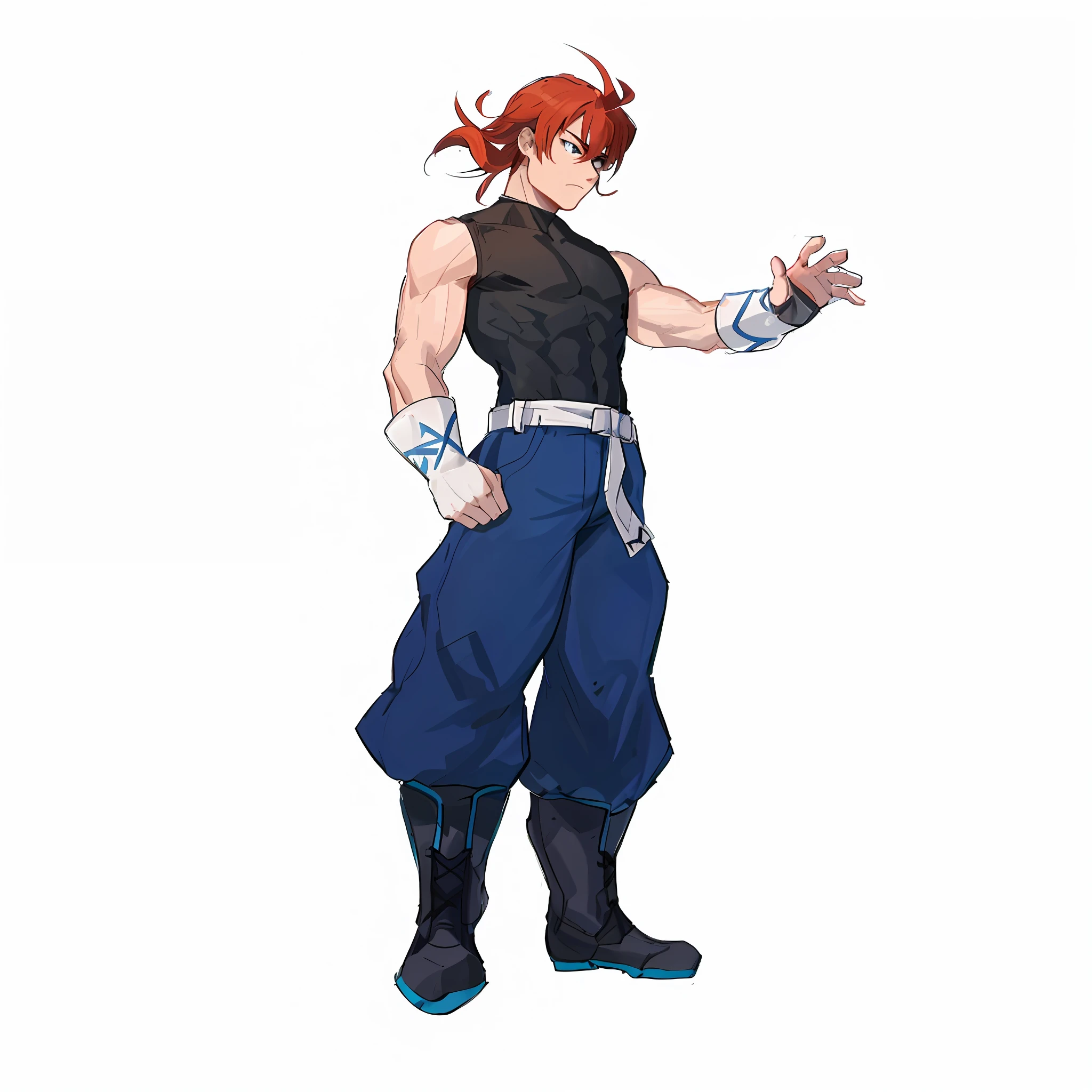 In 4k anime, do it full-body in a pose that shows superiority,
Physical appearance:
Sol Sun is a 16-year-old with a striking and athletic appearance. He has a height of approximately 1.85m, with a well-toned physique due to his martial arts training. Their skin is white and has a healthy tone. His facial features are proportional and expressive, enhancing his charismatic personality.
Hair and eyes:
He has orange red hair and tail, which are one of the most distinctive features of his appearance. Her hair is short and messy, falling slightly over her forehead. His eyes are deep and black in color, intense as night, and show a firm determination.
Clothes:
Sol Sun has a unique and striking style in his clothes, reflecting his laid-back personality and his love of martial arts. Here's a description of the clothes he wears:
- Black Sticky Shirt: He wears a black sticky shirt that fits his athletic body. The shirt has a modern and elegant design, highlighting his figure.
- Blue Boots with White: On his feet, he wears blue medium boots with white accents. These boots offer comfort and support during your physical activities and combat.
- Blue-Gray Pants: He wears a tight blue-gray pants that extend to his ankles. The pants allow him to move with ease during fights and training.
- Blue Munhequeira: On one of his arms, Sol Sun wears a blue munhequeira, which gives a touch of style and also offers additional protection.
Tail:
Sun Sun possesses a tail, which is a unique feature of his breed. Her tail is orange red, as is her hair, and is wrapped around her waist when not in use. It complements your look and adds a touch of uniqueness to your look.
