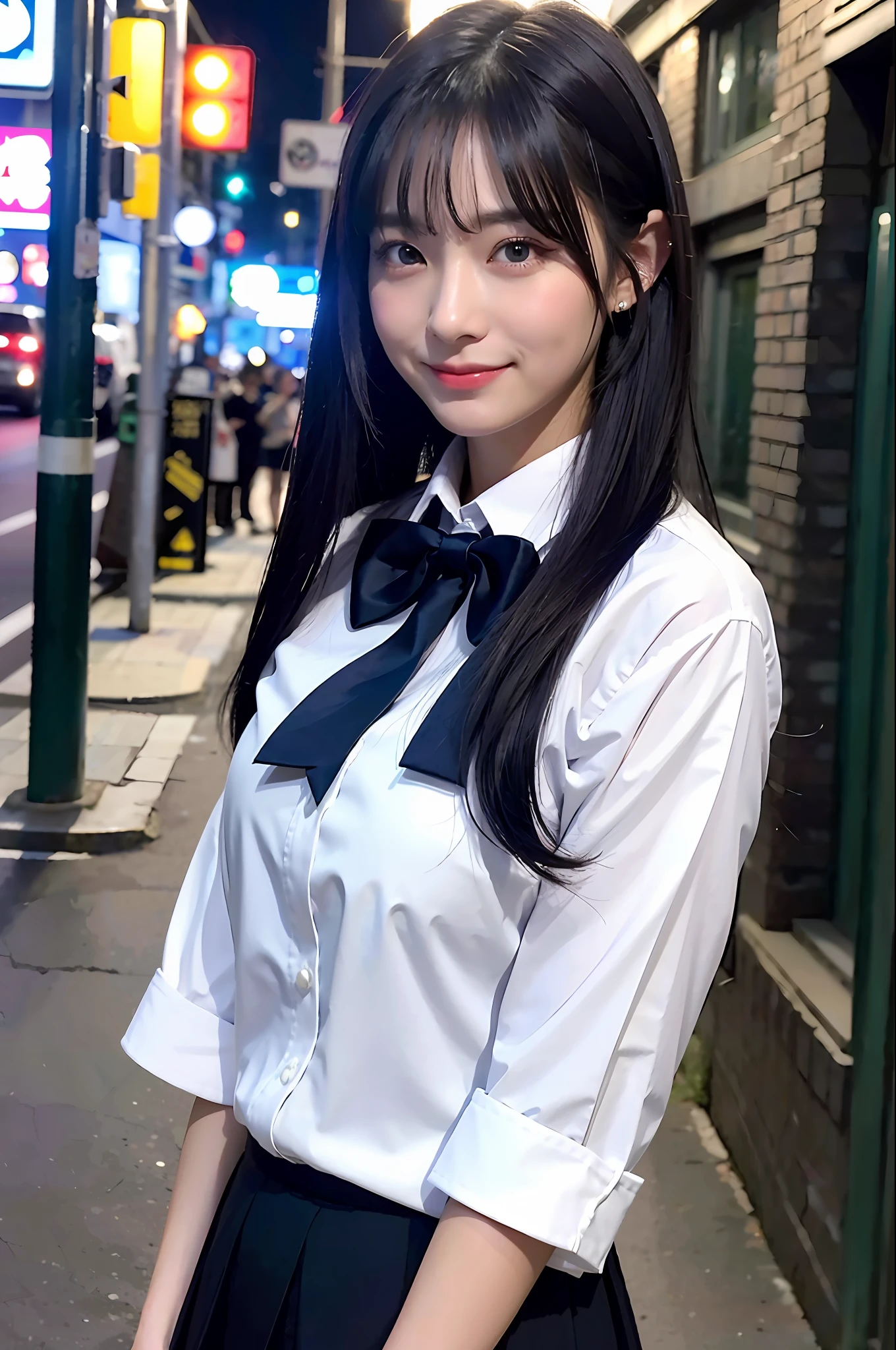(8k, RAW photo, best quality, mastery:1.3), (realistic, photo-realistic:1.37), (looking viewer:1.331), (white hair), posing, Tokyo street, nightcityscape, cyberpunk city, soft light, 1girl, extremely beautiful face , Perfect body proportions, (small face: 1.1), bust, casual hairstyle, smile, big eyes, (short sleeves JK_shirt), JK_style, (navy JK_skirt), (bow JK_tie), mix4, detailed eyes