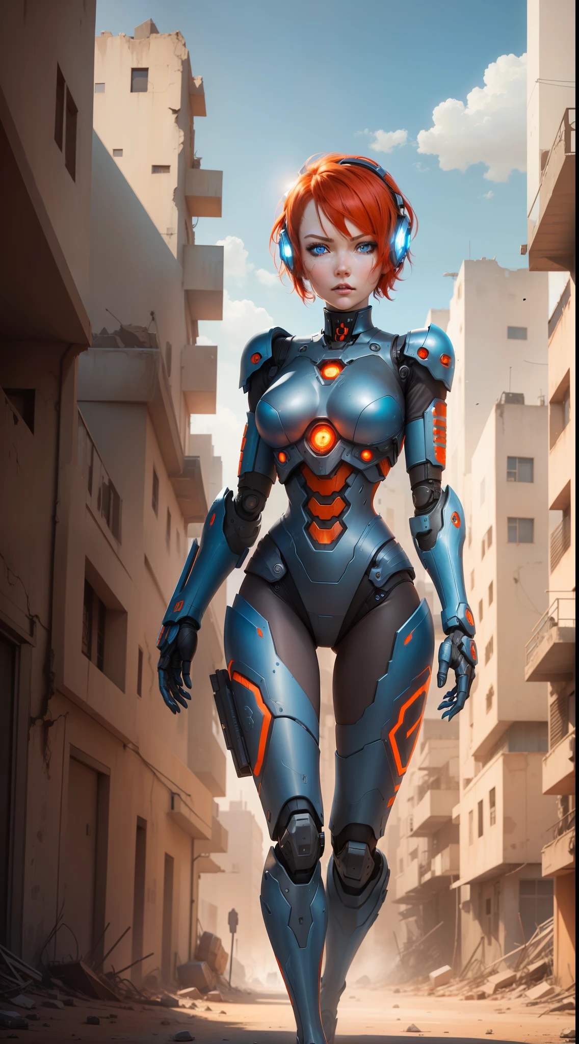 a female robot, with mostly metal humanoid body, short red hair, (((blue eyes))) walking through a war-torn city, (((point of view))), (((ultra wide view))), sunny and smoky, colors with orange palette