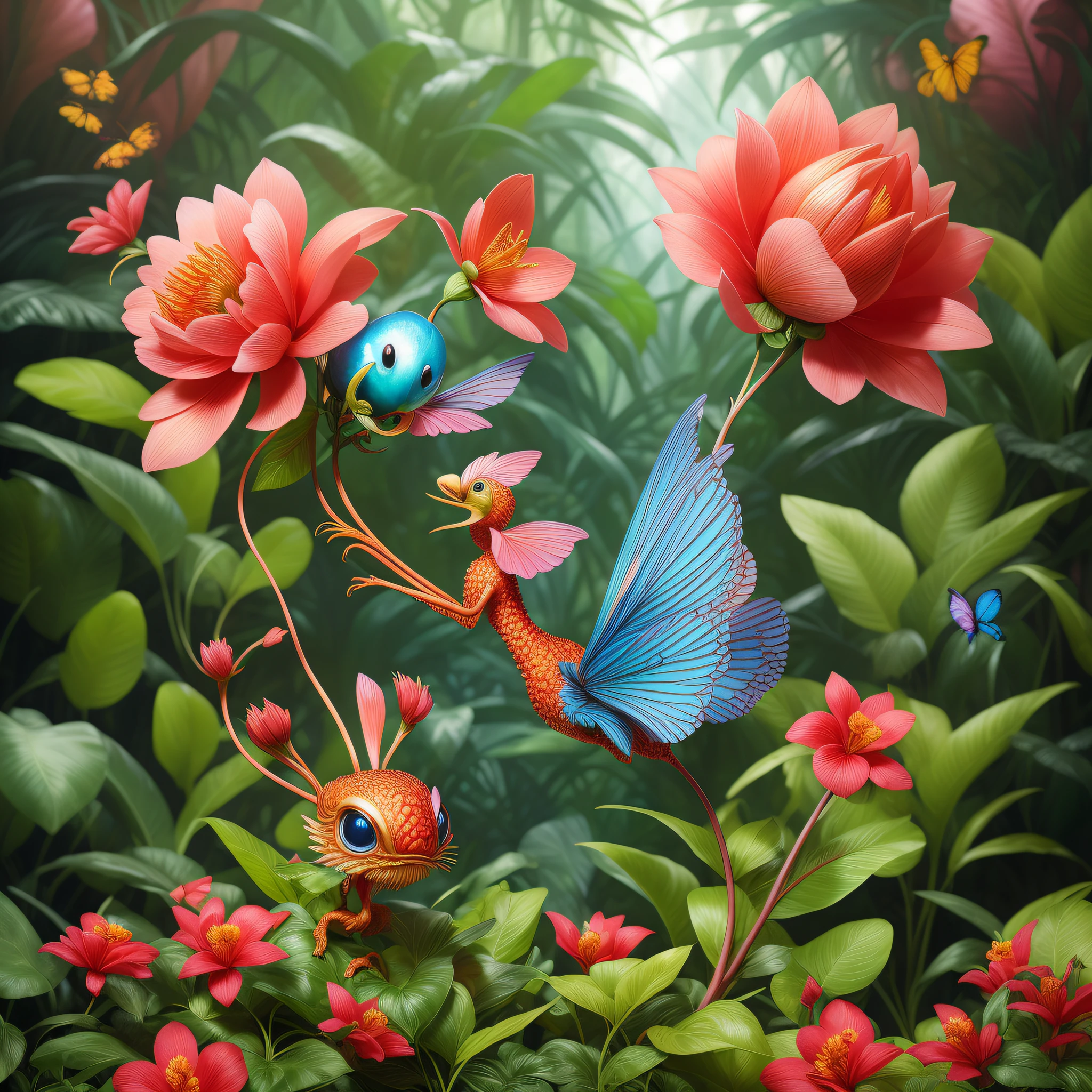 "Extremely hyper-realistic realistic cute creature holding a flower in the vast jungle by James Jean and Android Jones: Jeff Koons: Erin Hanson: Joe Fenton: Dan Mumford: Professional photography, natural lighting, volumetric lighting, minimalist photography illustration, 8k resolution concept art, complex detail, complex, elegant, vast, fantastical:"