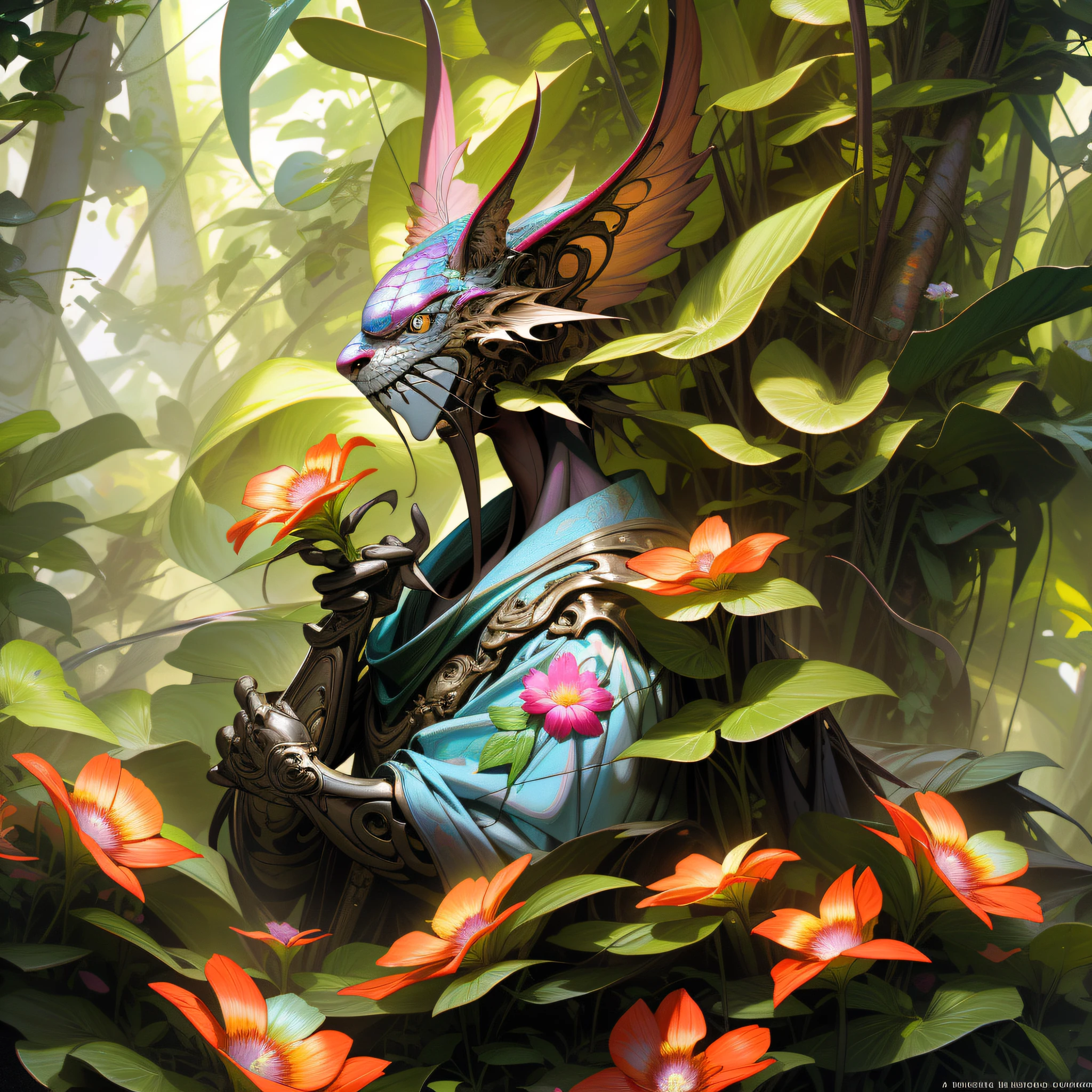 "Extremely hyper-realistic realistic cute creature holding a flower in the vast jungle by James Jean and Android Jones: Jeff Koons: Erin Hanson: Joe Fenton: Dan Mumford: Professional photography, natural lighting, volumetric lighting, minimalist photography illustration, 8k resolution concept art, complex detail, complex, elegant, vast, fantastical:"