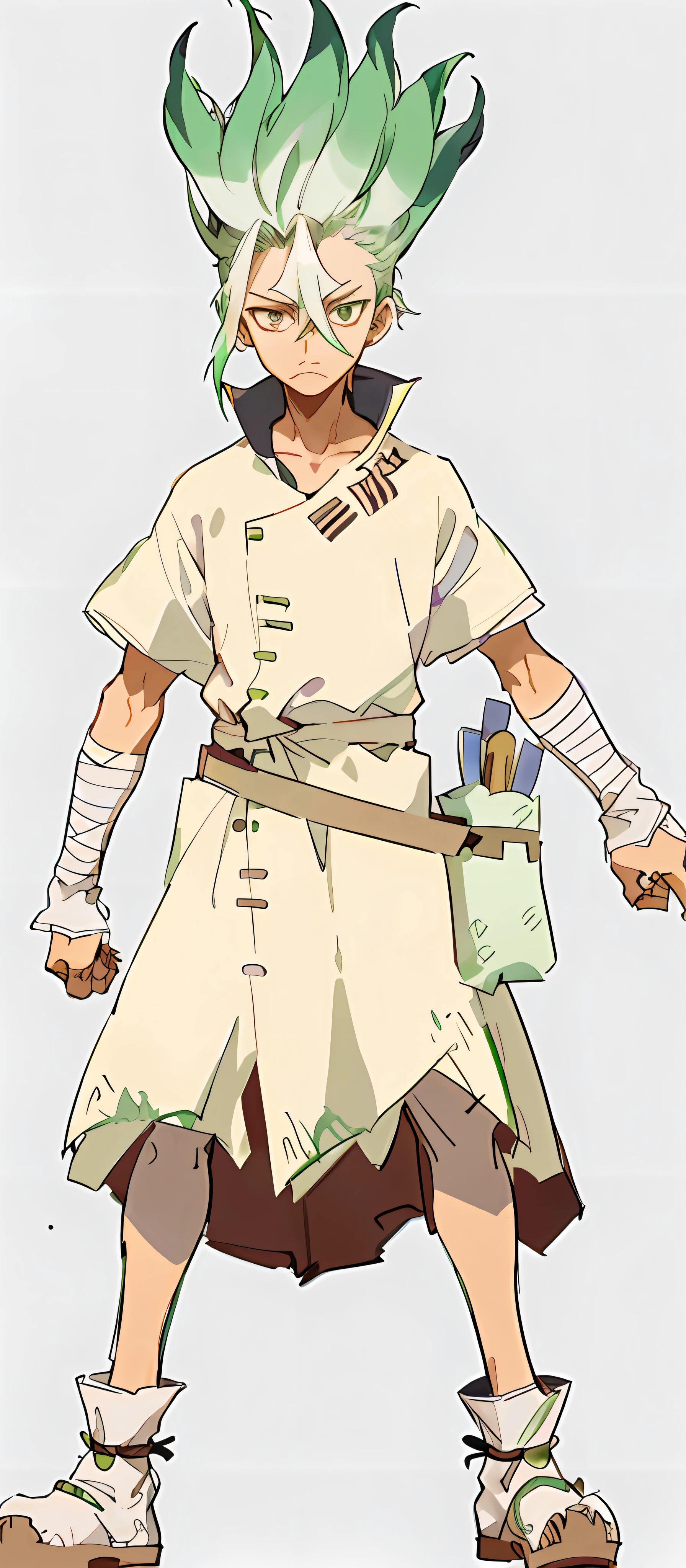 anime character with green hair and a white shirt and brown pants, ehime, mushoku tensei, inspired by Kamisaka Sekka, anime character, kentaro miura manga style, haibane renmei, anime style character, okabe rintarou, shiro from deadman wonderland, shinkai makoto, 2 0 2 2 anime style