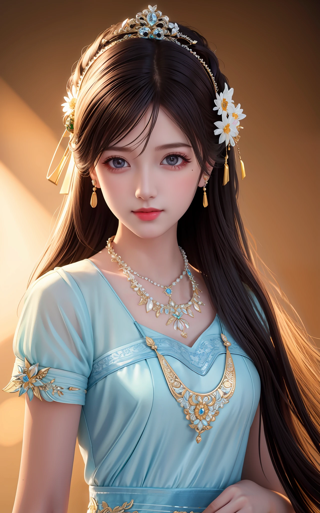 Best Quality, Masterpiece, High Resolution, 1girl, Porcelain Dress, Hair Accessories, Necklace, Jewelry, Beautiful Face, Physically, Tyndall Effect, Realistic, Dark Studio, Rim Lighting, Duotone Lighting, (High Detail Skin : 1.2), 8k uhd, dslr, soft light, high quality, volume light, candid, photo, high resolution, 4k, 8k, bokeh
