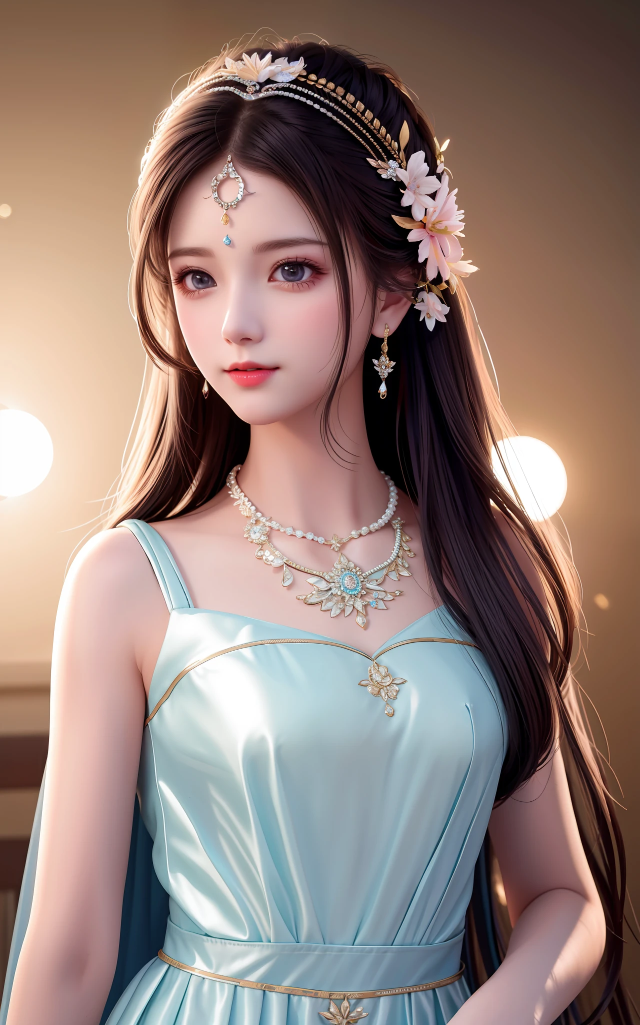 Best Quality, Masterpiece, High Resolution, 1girl, Porcelain Dress, Hair Accessories, Necklace, Jewelry, Beautiful Face, Physically, Tyndall Effect, Realistic, Dark Studio, Rim Lighting, Duotone Lighting, (High Detail Skin : 1.2), 8k uhd, dslr, soft light, high quality, volume light, candid, photo, high resolution, 4k, 8k, bokeh