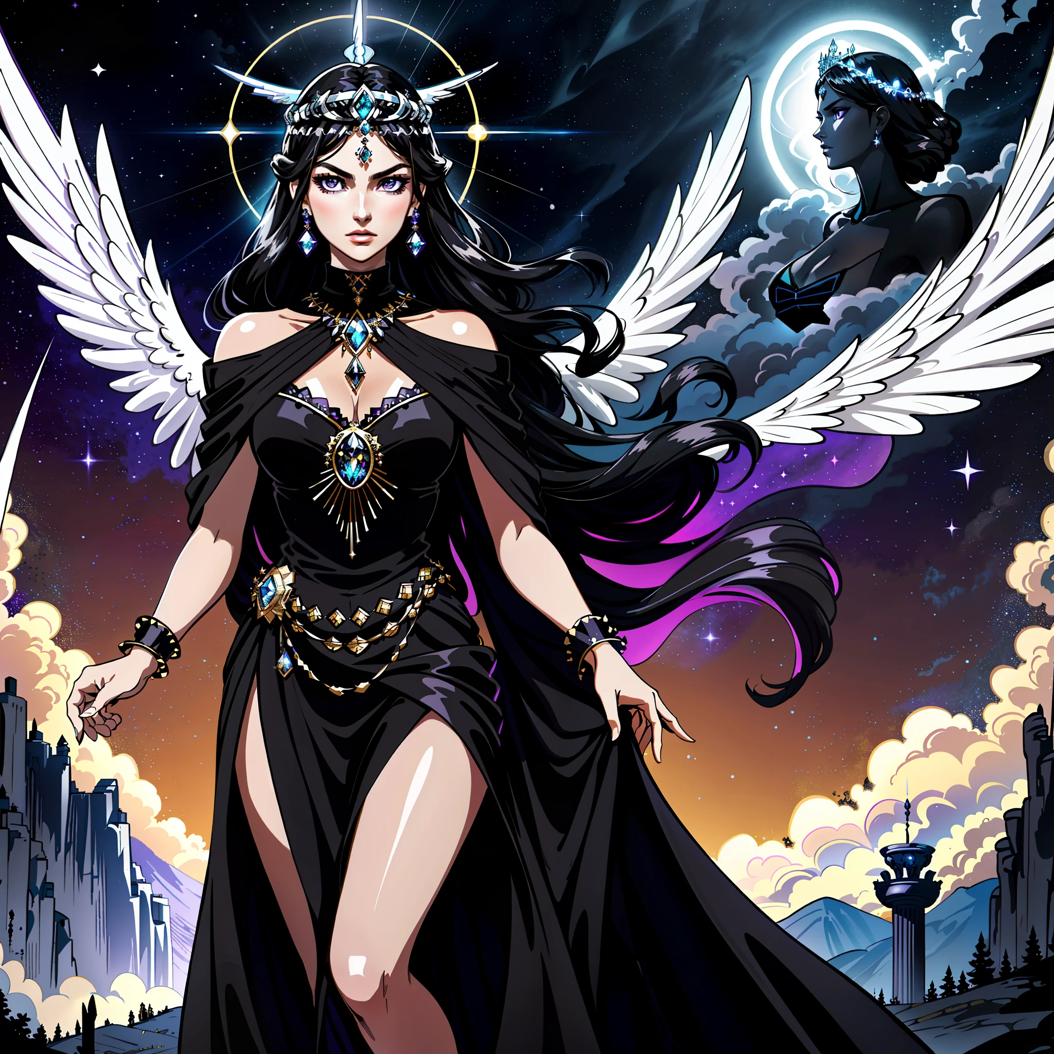 Masterpiece, best quality, 16k, uhd, Visionary Art, floating woman, delicate pose, dynamic pose, serious look, expression of fullness, deep eyes, purple eyes, black wings, deity, goddess of greek mythology, goddess nyx, allegorical painting, goddess Hecate, elegant dress, black dress, turtleneck, flowing clothing, black clothing, voil fabric, flowing fabric, black hair, very long hair, big hip, beautiful hands, hands holding bright crystal, minimalist tiara, crystal tiara, beautiful jewelry, minimalist jewelry, halo of light behind head, night scenery, starry night, magic clouds, beautiful clouds, bright moon, renaissance, divine, expansion of Consciousness, centered, worm angle