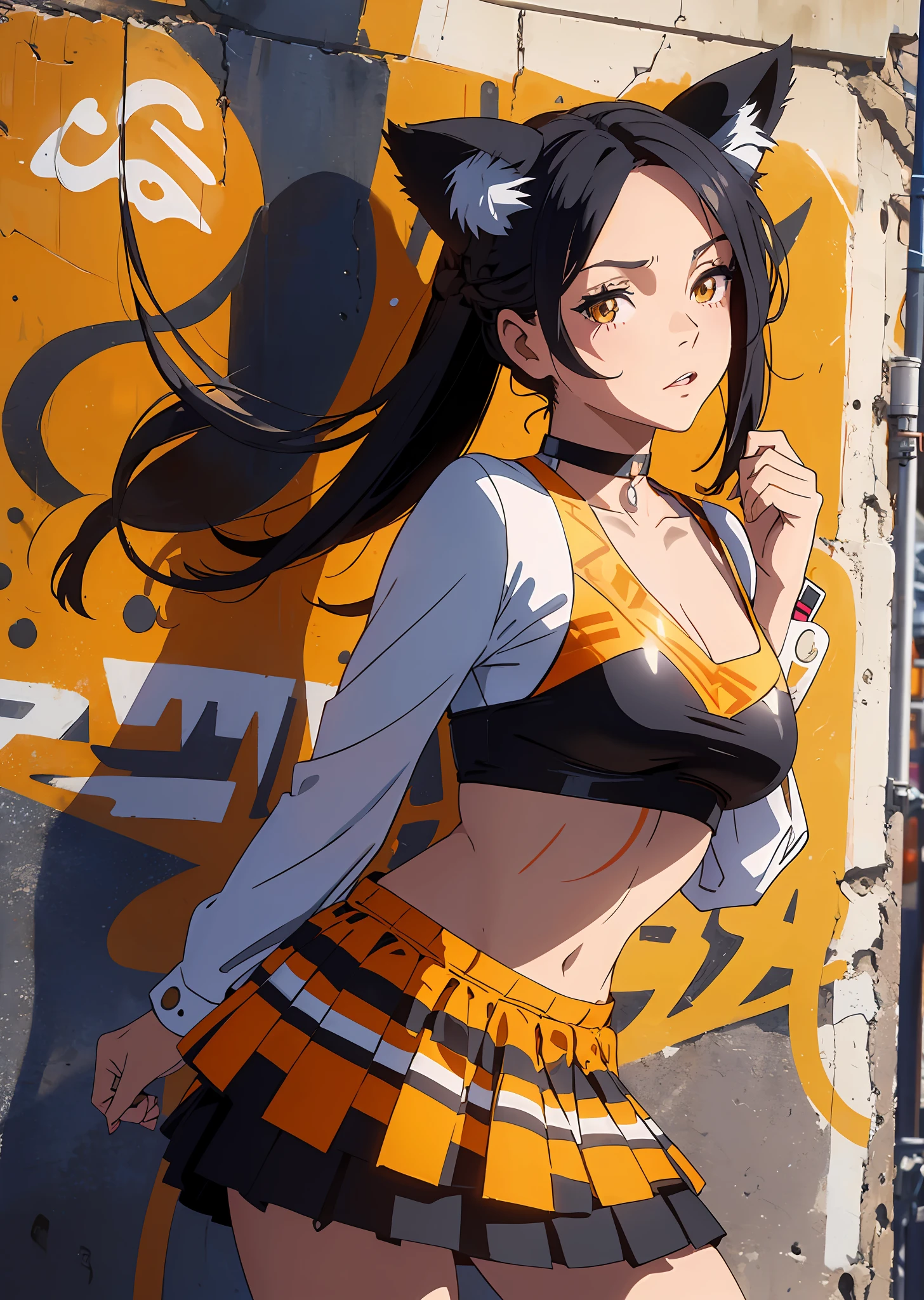 masterpiece, supreme quality, 1girl, solo performance, chic cropped top, vivid blackhair, (plush cat ears), sophisticated braid, gentle fringe, captivating choker, (graffiti: 1.5), artistic paint splashes, enticing arms behind back, leaning on wall, gazing at viewer, trendy armband, urban hip-hop flair, (flirtatious skirt), mischievous head tilt, powerful expression, warm orange hues, energetic asymmetrical layout, striking geometric patterns, imaginative street art, interplay of sunlight and shadows,8k,blue flames --auto --s2
