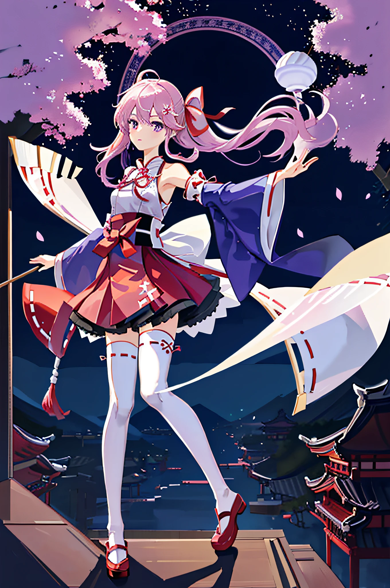 masterpiece, best quality, 1girl, solo, miko, nontraditional miko, full body, arms at side, purple eyes, white thighhighs, middle breasts, looking at viewer, ribbon, hair ribbon, wide sleeves, east asian architecture