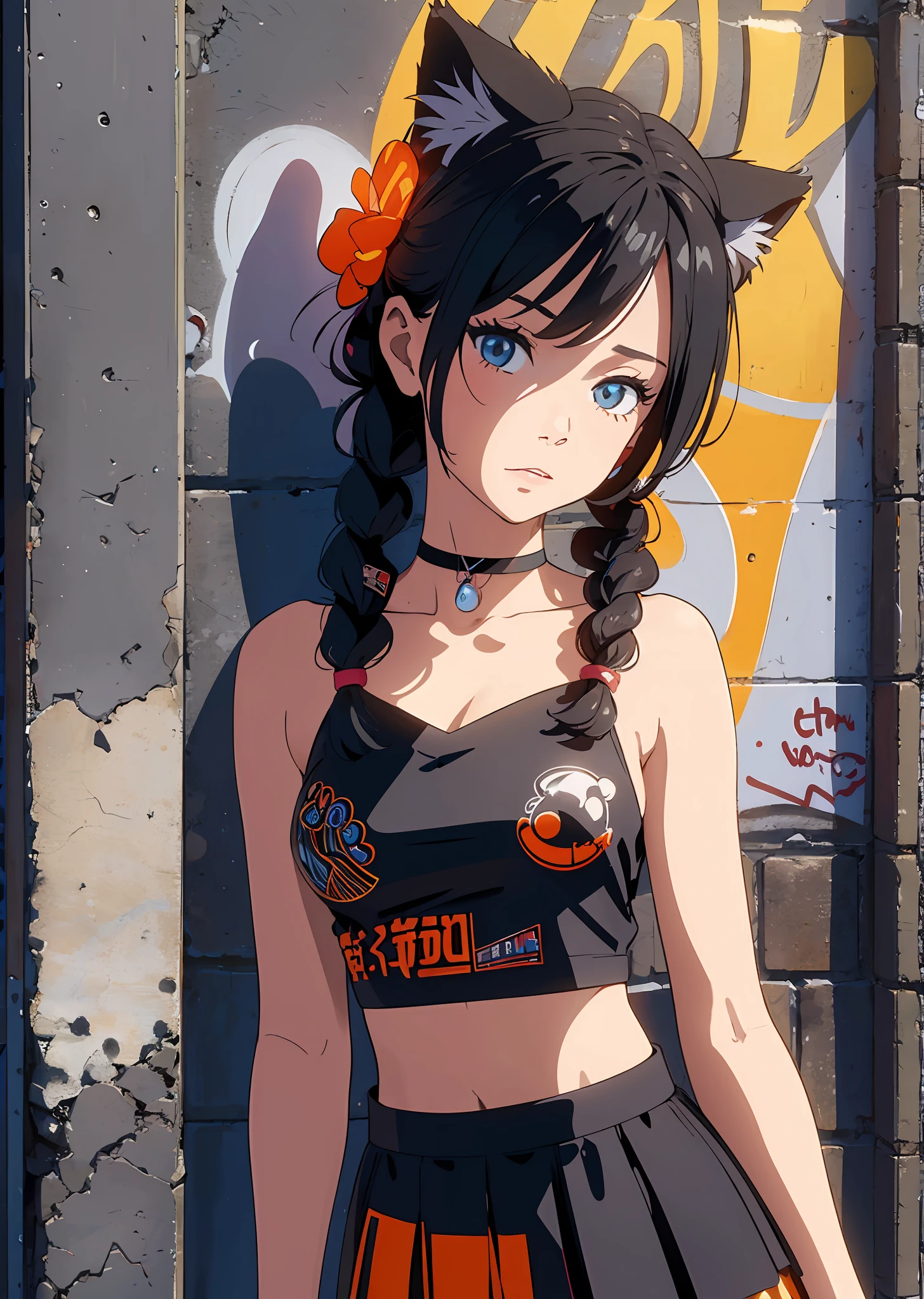 masterpiece, supreme quality, 1girl, solo performance, chic cropped top, vivid blackhair, (plush cat ears), sophisticated braid, gentle fringe, captivating choker, (graffiti: 1.5), artistic paint splashes, enticing arms behind back, leaning on wall, gazing at viewer, trendy armband, urban hip-hop flair, (flirtatious skirt), mischievous head tilt, powerful expression, warm orange hues, energetic asymmetrical layout, striking geometric patterns, imaginative street art, interplay of sunlight and shadows,8k,blue flames --auto --s2