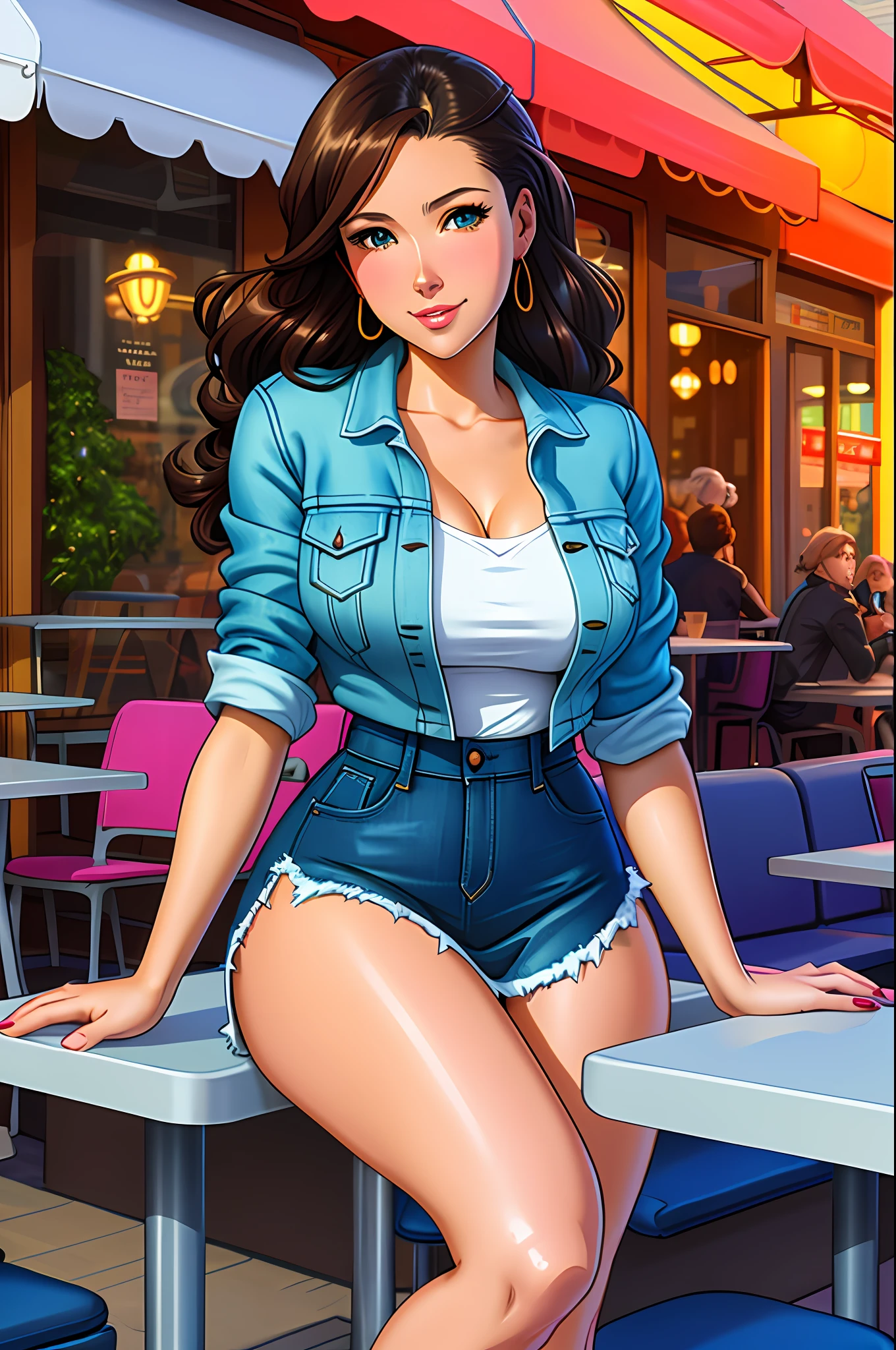 highly detailed woman, HHUD, chubby, Apricot, with modern style, radiant light, unreal engine, wearing Cropped denim jacket and sundress, Half-up, half-down romance, black hair , blue eyes, Vintage 90's anime style,Elegant French cafe with outdoor seating, by hajime sorayama, greg tocchini, virgil finlay, sci-fi, colors, line art.