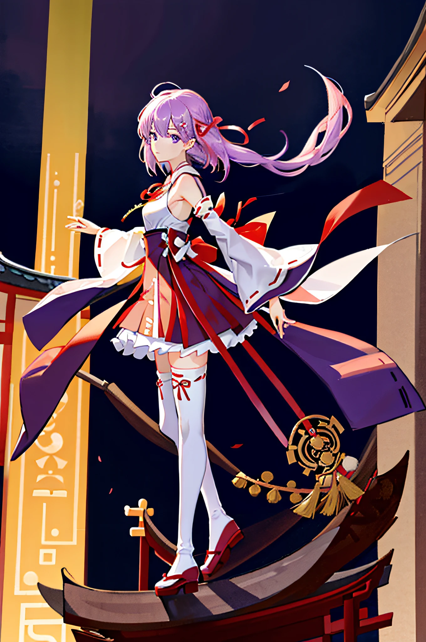 masterpiece, best quality, 1girl, solo, miko, nontraditional miko, full body, arms at side, purple eyes, white thighhighs, middle breasts, looking at viewer, ribbon, hair ribbon, wide sleeves, east asian architecture