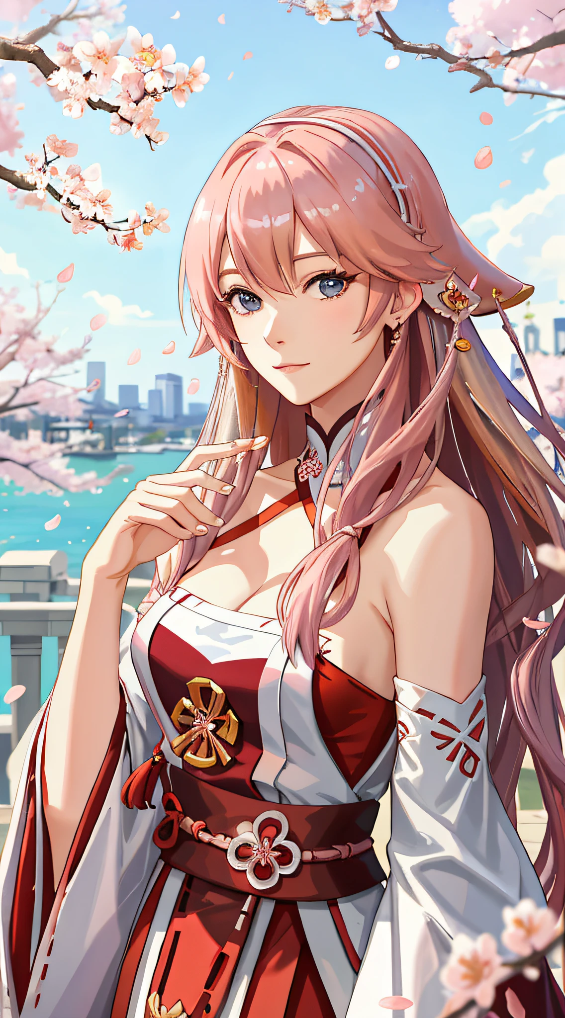 Extreme, masterpiece, high detail, semi-realistic, 1 female, mature woman, upper body, Yae Miko, (ulzzang-6500-v1.1:0.5), middle chest, strapless, sleeves, beauty, long hair, pink hair , hair accessories, cherry blossom petals in the sky, old town in the background, depth of field, looking at the viewer,