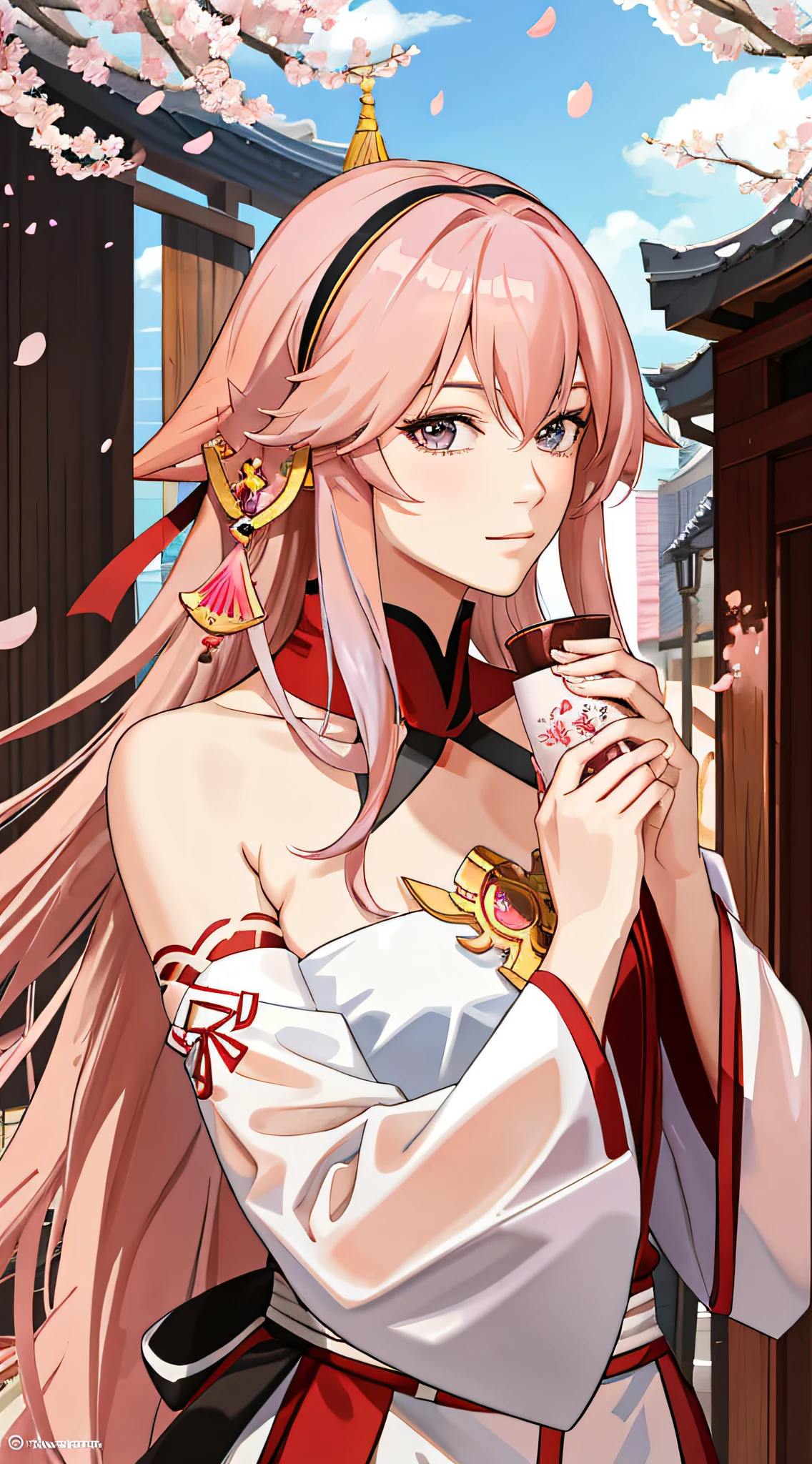 Extreme, masterpiece, high detail, semi-realistic, 1 female, mature woman, upper body, Yae Miko, (ulzzang-6500-v1.1:0.5), middle chest, strapless, sleeves, beauty, long hair, pink hair , hair accessories, cherry blossom petals in the sky, old town in the background, depth of field, looking at the viewer,