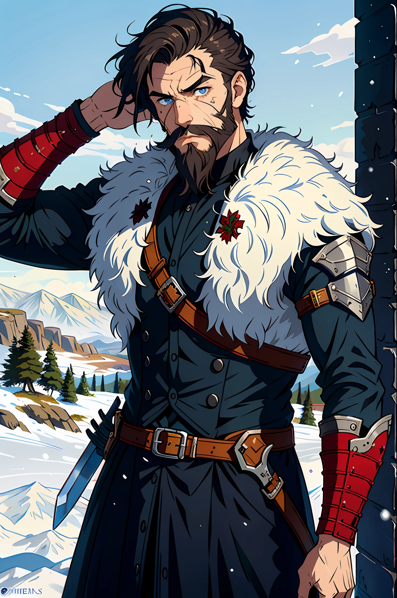 1 man,man focus,facial_hair,solo,beard,manly,sword, England armor,scenery,snow,wall, scar, detailed eyes, high detail eyes, dashed eyes, hyperdetailed eyes