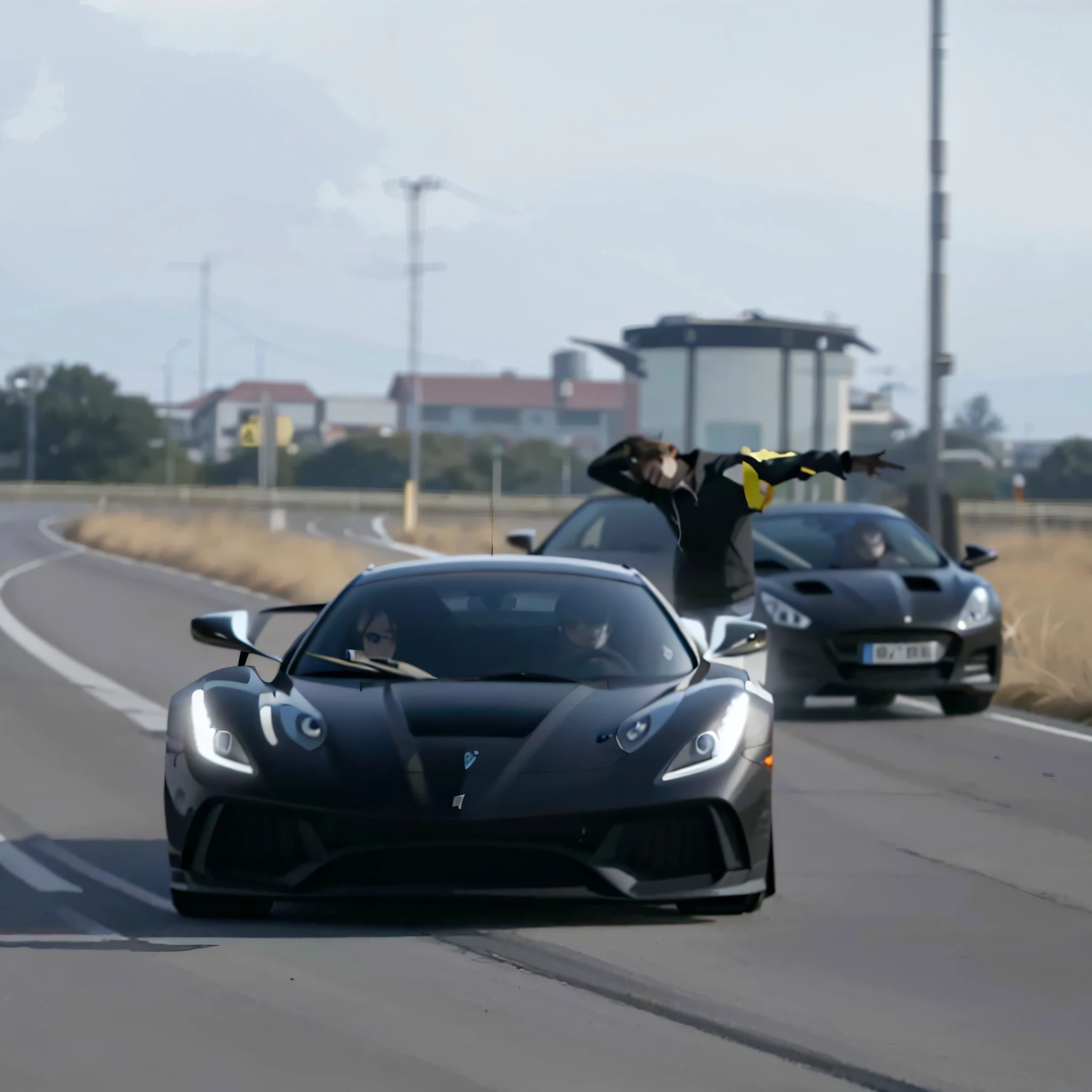A black sports car driving on the road, extremely strong wind, high-speed chase, high wind, HD quality, 4K picture quality, handsome sports car on the highway, the car moves fast, the license plate says SAROTIN, there are no cars and people around.