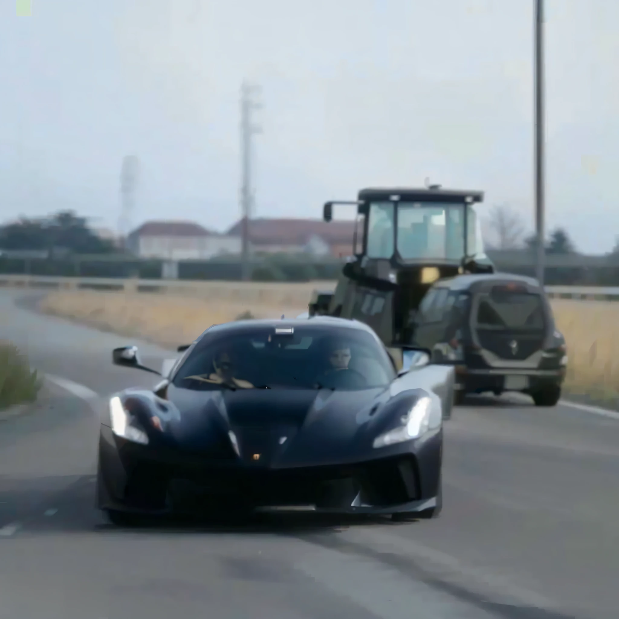 A black sports car driving on the road, extremely strong wind, high-speed chase, high wind, HD quality, 4K picture quality, handsome sports car on the highway, the car moves fast, the license plate says SAROTIN, there are no cars and people around.