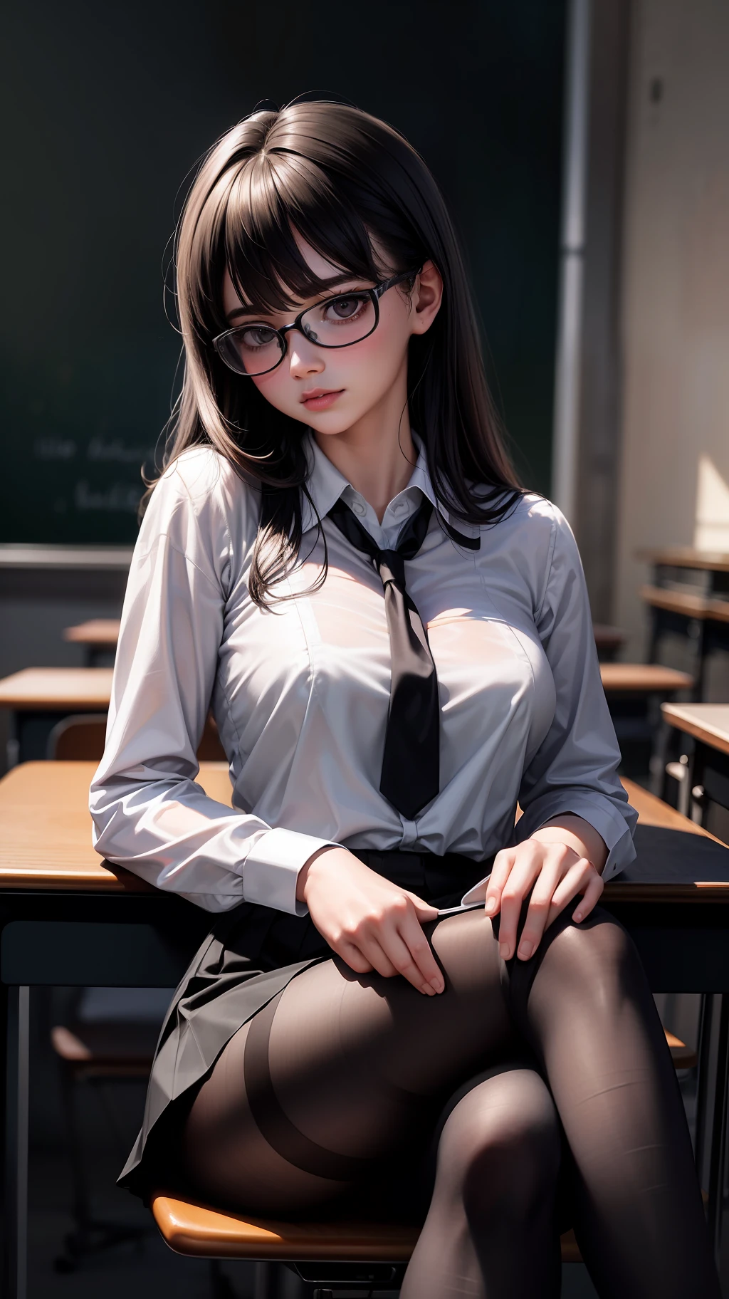 Superior Quality, Masterpiece, Ultra High Resolution, (Photorealistic: 1.4), girl, teacher, white blouse, black skirt, classroom, sitting at desk, crossed legs, pantyhose, black hair, black eye, glasses, tied hair