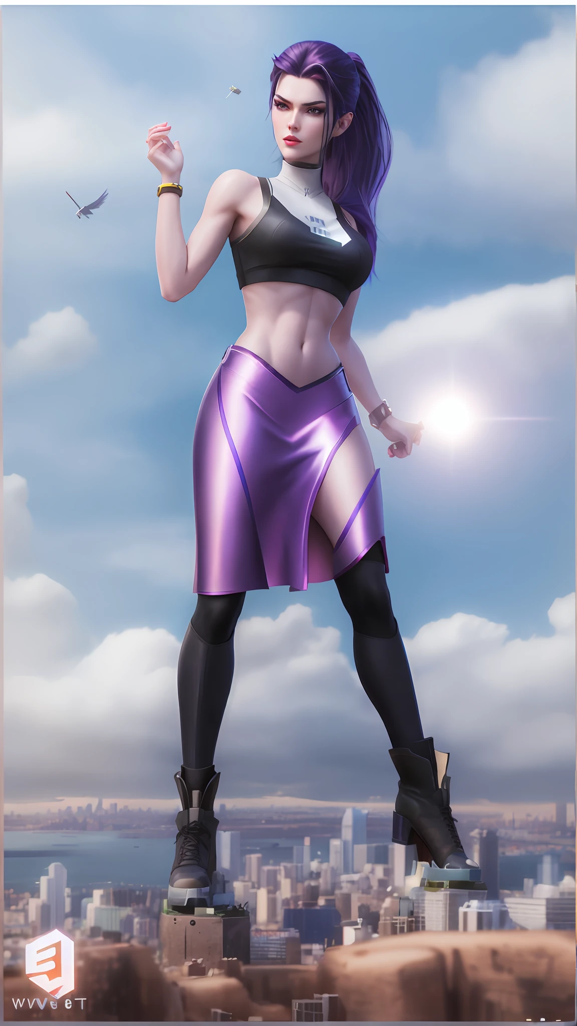 Widowmaker in a skirt and boots standing over a city, hip skirt wings, beautiful short skirt, photorealistic perfect body, flowing realistic fabric, digital art - w 640, rendering, wearing crop top and miniskirt, high-waist-black-skirt, photorealistic picture, graphic print, pencil miniskirt, short skirt