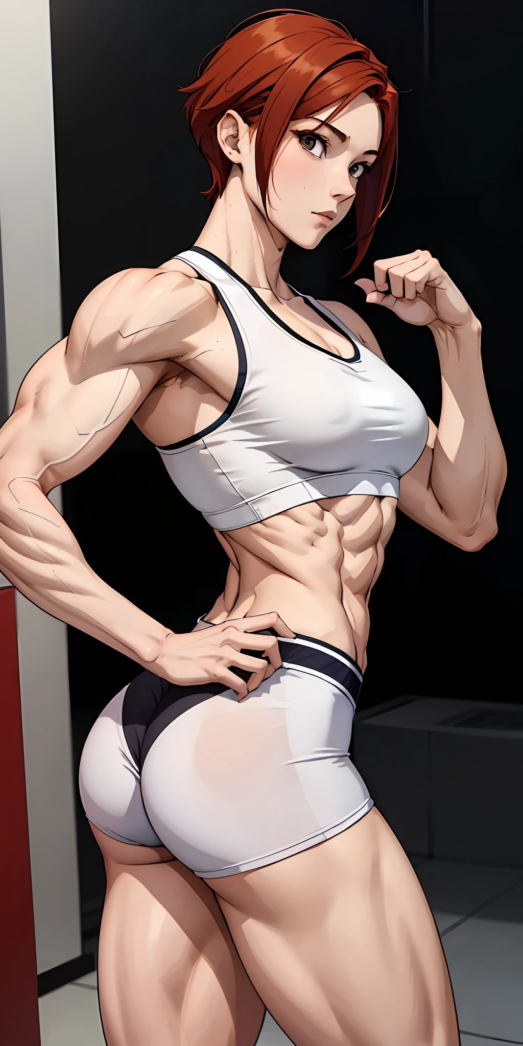 Boy, male body, adult, girl face, seductive face, provocative look, redhead, wolf cut hair, perfect body, fit body, thin waist, white shirt, muscular, small girl's chest, volleyball shorts, pretuberance, focus on ass