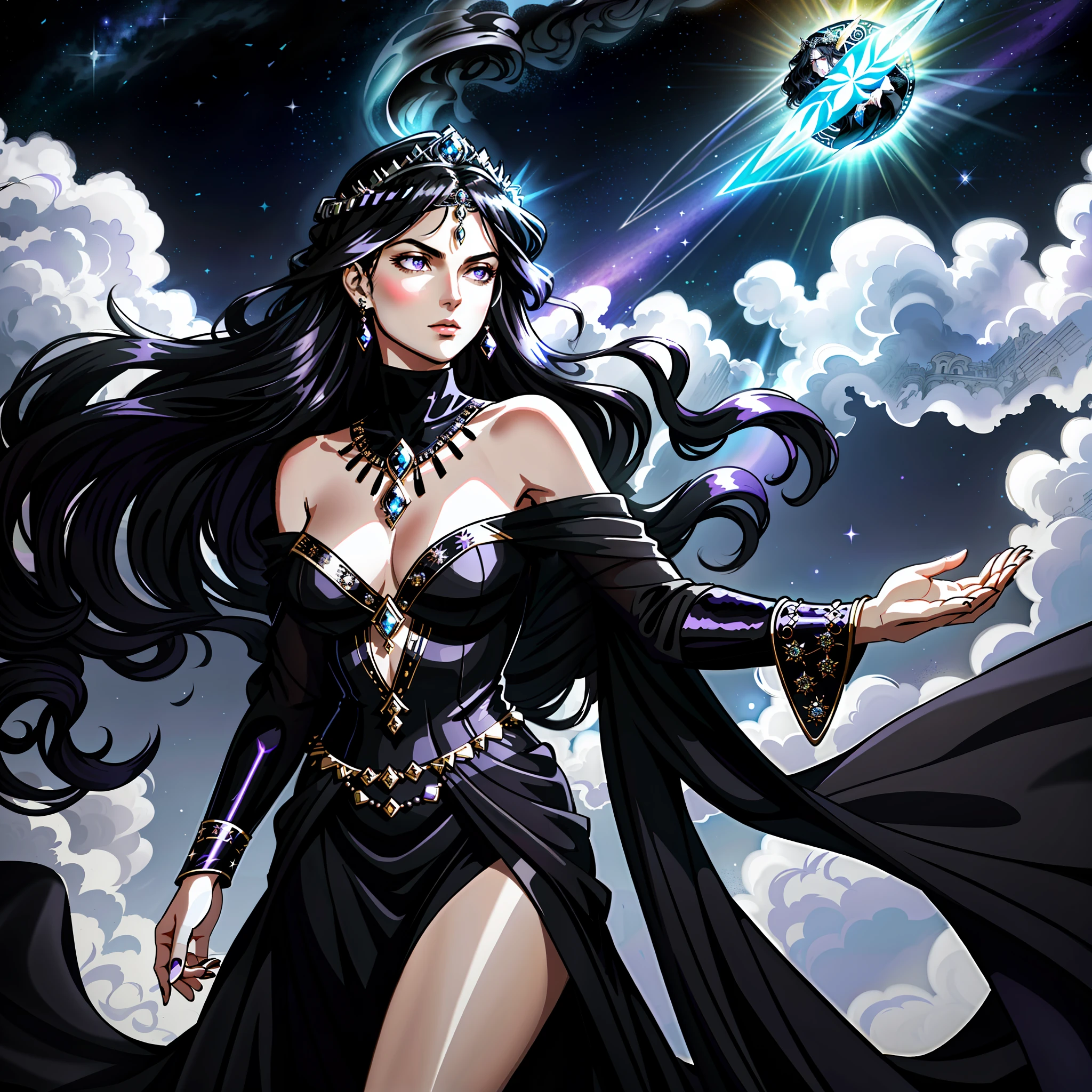 Masterpiece, best quality, 16k, uhd, Visionary Art, floating woman, delicate pose, dynamic pose, serious look, expression of fullness, deep eyes, purple eyes, black wings, deity, goddess of greek mythology, goddess nyx, allegorical painting, goddess Hecate, elegant dress, black dress, turtleneck, flowing clothing, black clothing, voil fabric, flowing fabric, black hair, very long hair, big hip, beautiful hands, hands holding bright crystal, minimalist tiara, crystal tiara, beautiful jewelry, minimalist jewelry, halo of light behind head, night scenery, starry night, magic clouds, beautiful clouds, bright moon, renaissance, divine, expansion of Consciousness, centered, worm angle