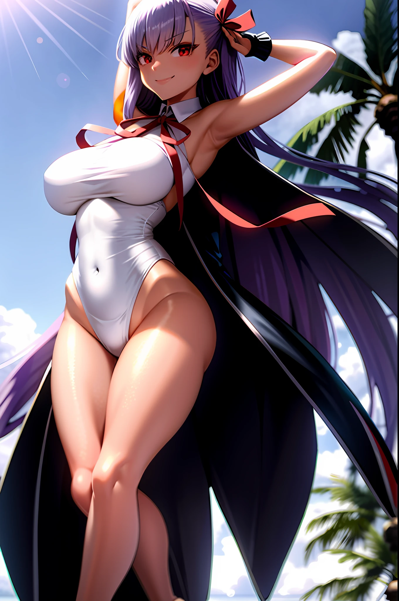 summer bb, fgo, (tanlines, dark-skinned female, gyaru:1.1), solo, angry, smile, red eyes, long hair, purple hair, red hair bow, neck ribbon, white highleg leotard, black coat, white gloves, open coat, huge breasts, star (sky), palm tree, starry sky, night, beach, squatting, arms raised, armpits