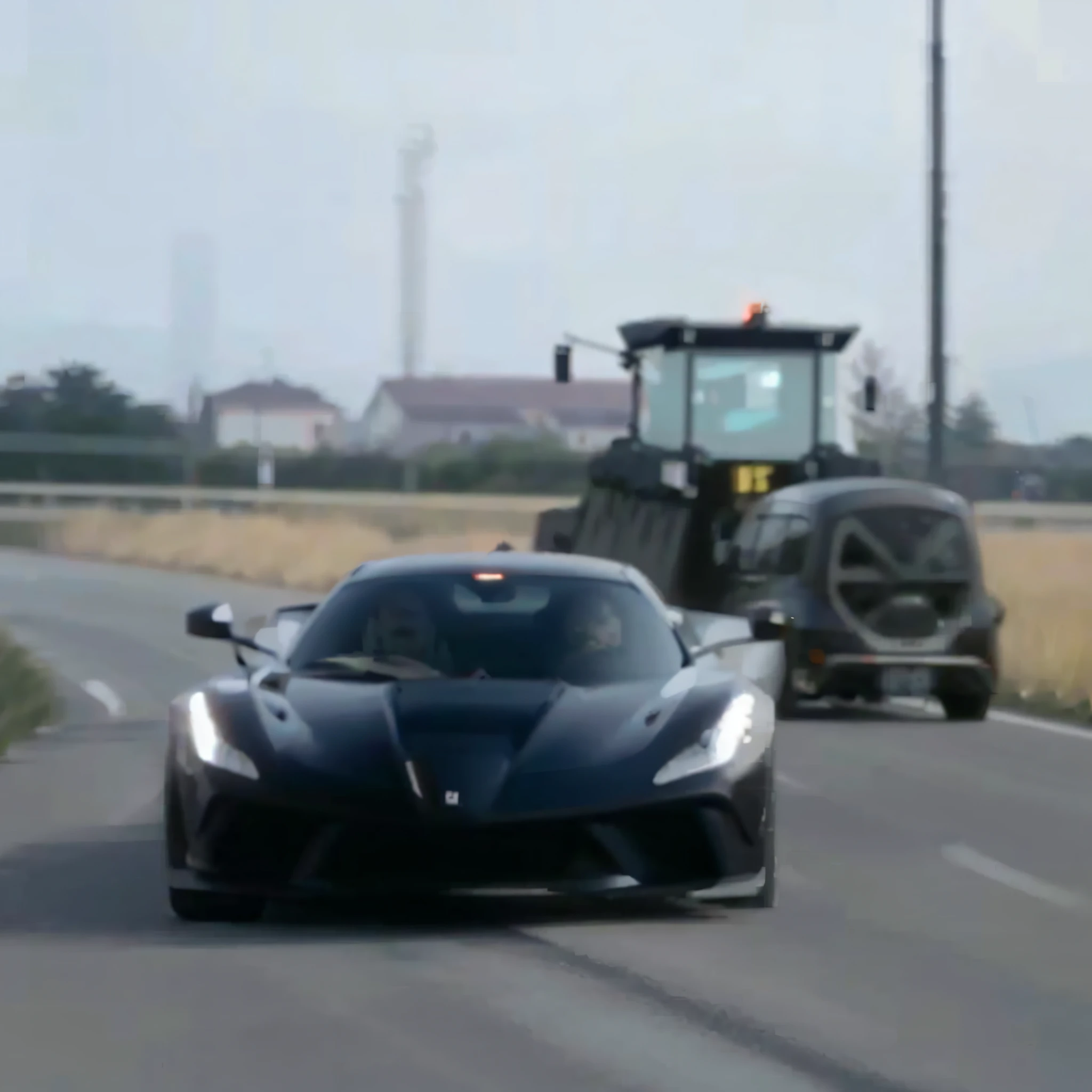A black sports car driving on the road, extremely strong wind, high-speed chase, high wind, HD quality, 4K picture quality, handsome sports car on the highway, the car moves fast, the license plate says SAROTIN, there are no cars and people around.