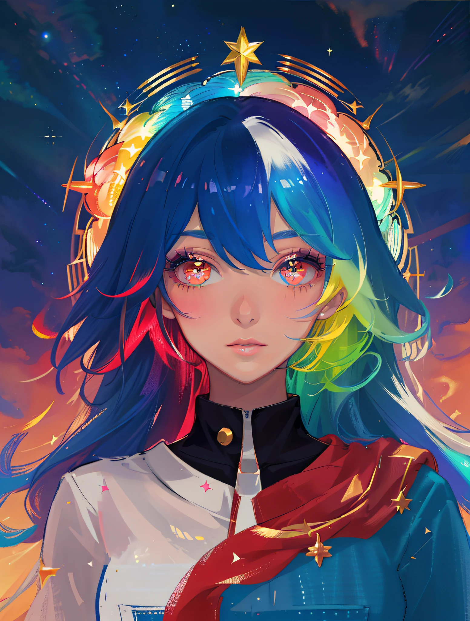 masterpiece, best quality, masterpiece, godlike quality, godlike art, highly detailed face, highly realistic, closeup, face only, cute, young girl, big eyes, long eyelashes, multicolored hair, multicolored eyes, shiny skin, full lips, big lips, shiny skin, blushing, magnificent view, in space, starry background, stars, shining light, multicolored light, spacial explosion, sunrays, multicolored rays,
