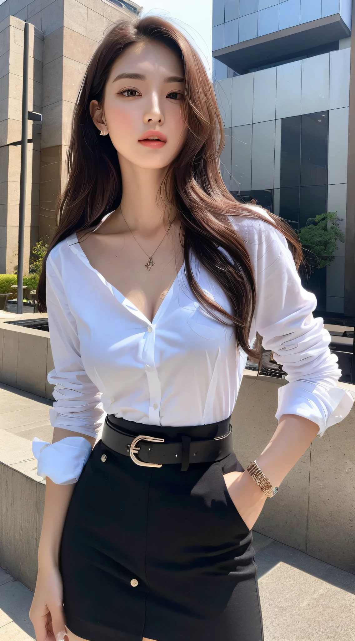 (Best quality, High resolution, Masterpiece :1.3), A tall and pretty woman, Slender abs, Dark brown hair styled in loose waves, Breasts, Wearing pendant, White button up shirt, Belt, Black skirt, (Modern architecture in background), Details exquisitely rendered in the face and skin texture, Detailed eyes, Double eyelid