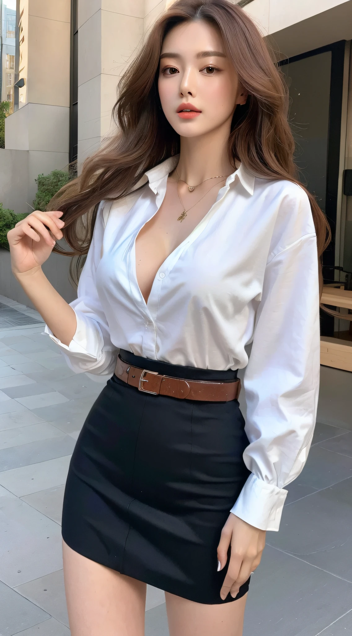 (Best quality, High resolution, Masterpiece :1.3), A tall and pretty woman, Slender abs, Dark brown hair styled in loose waves, Breasts, Wearing pendant, White button up shirt, Belt, Black skirt, (Modern architecture in background), Details exquisitely rendered in the face and skin texture, Detailed eyes, Double eyelid