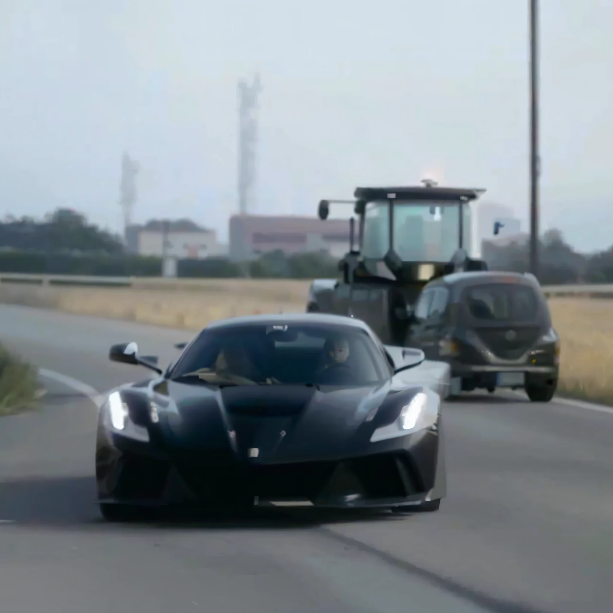 A black sports car driving on the road, extremely strong wind, high-speed chase, high wind, HD quality, 4K picture quality, handsome sports car on the highway, the car moves fast, the license plate says SAROTIN, there are no cars and people around.
