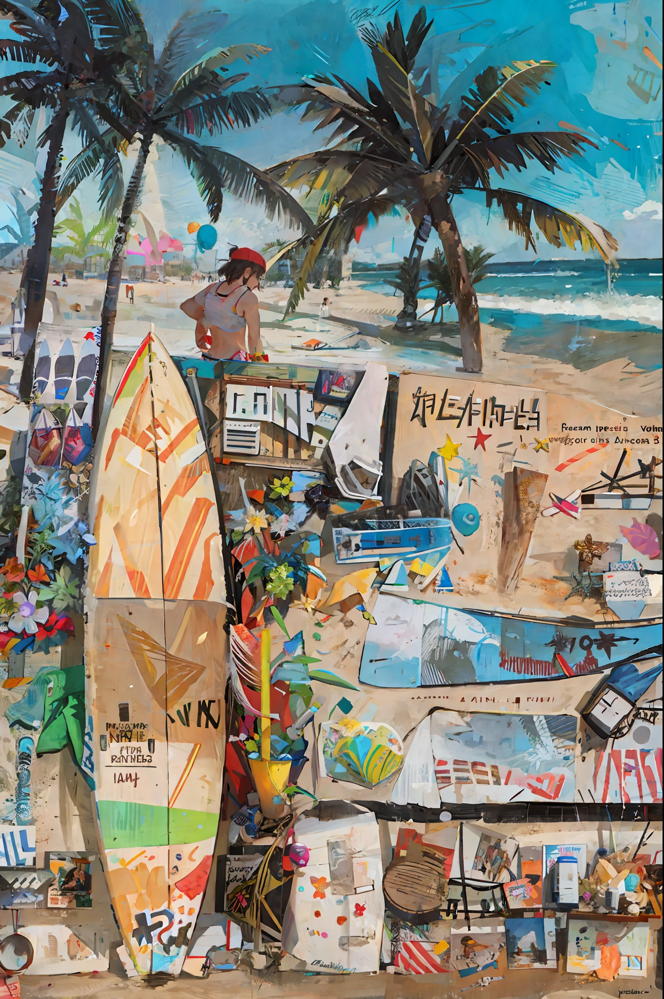 painting of a surfboard on a beach with palm trees and a beach, mixed media, by Benjamin Marra, mixed - media, 62 x 47 inches, artist - phil moss, inspired by Larry Rivers, mixed art, niele toroni, by Micha Klein, nick silva, by Andrée Ruellan, near the beach