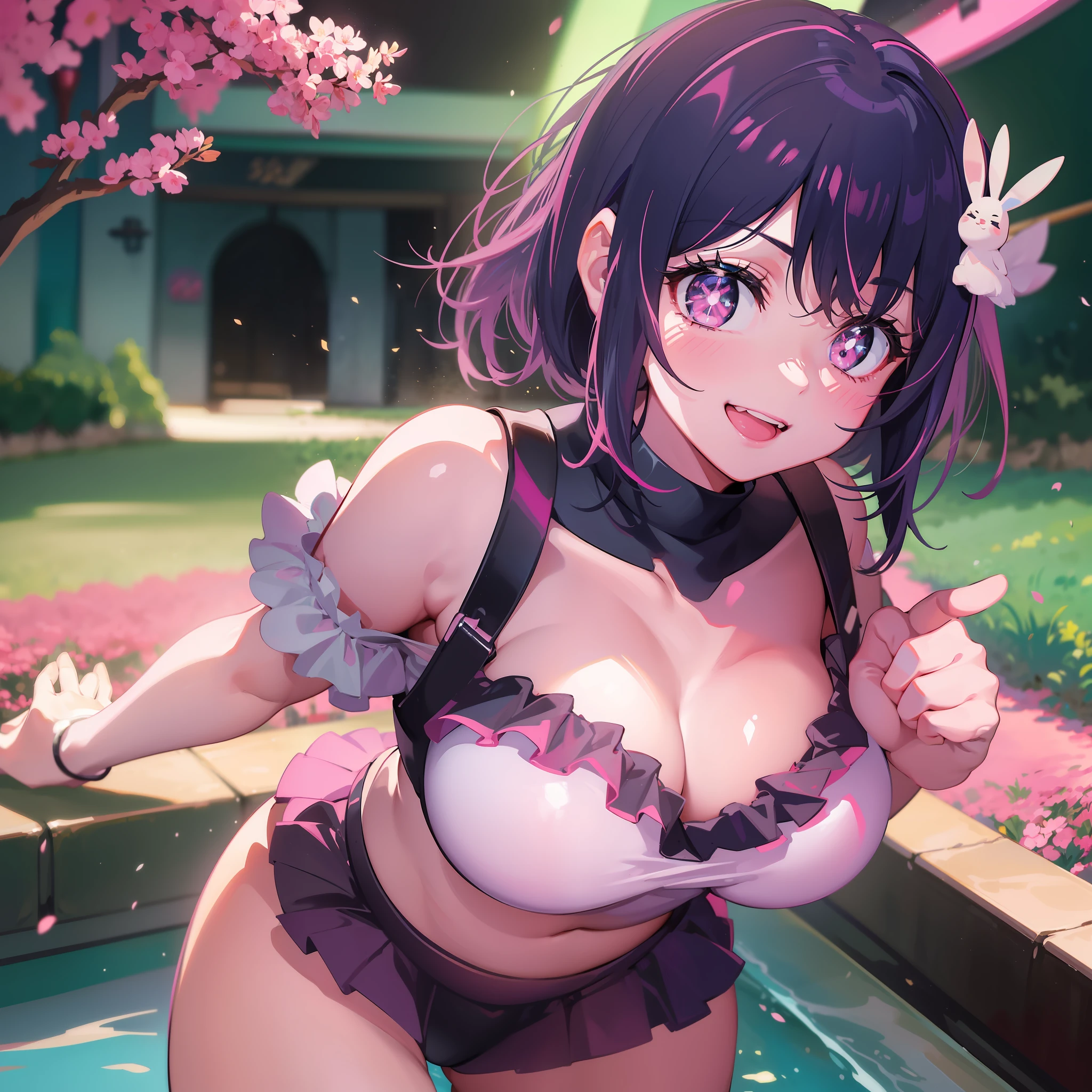 A Cute Girl with white skin, young body, size (small), chubby, short hair (up to the shoulders) pink and wavy [with black tones], shades of pink [bright], bunny girl, fierce look, smile, bbwchan, big breasts, black clothes (yor forger costume), round face, with a flower in hand, anime style, amusement park, realistic environment, realistic lighting,  Radiosity, Close Up.