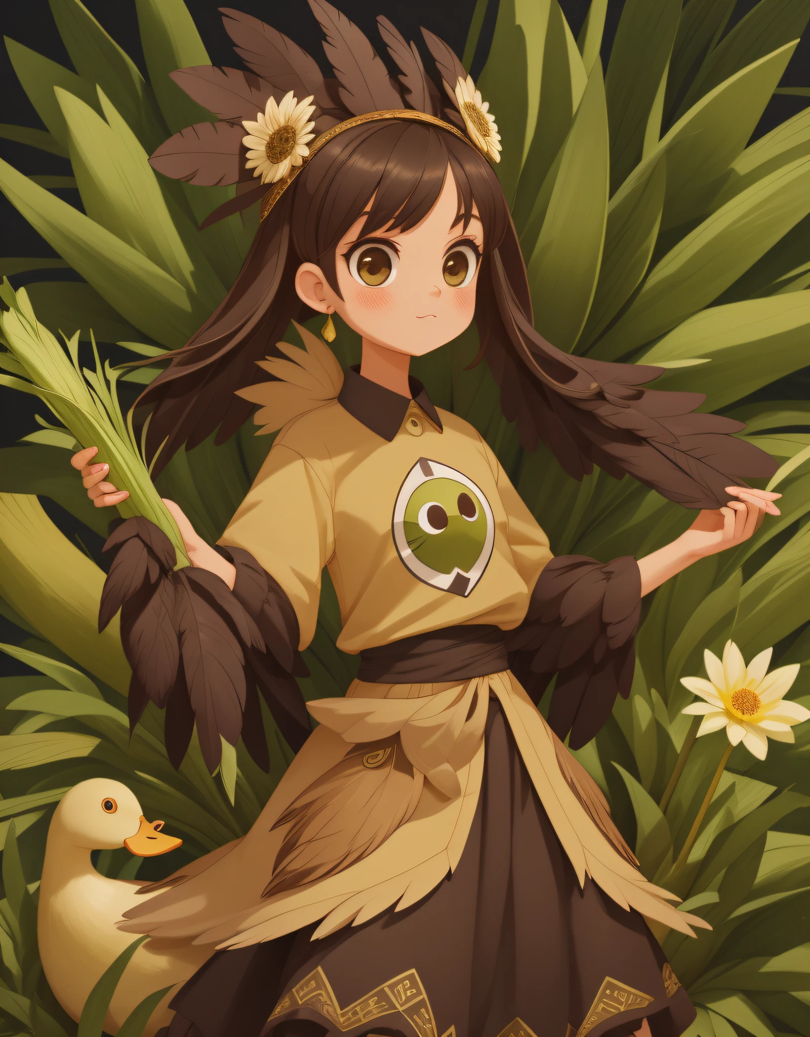 duck, (monster girl), dark brown feathers, dark brown square feathered crest on head, gold duck feet and beek, a oversized leek, a V mark on forehead, wearing a lovely shirt and a long skirt with flowers on them, masterpiece, best quality