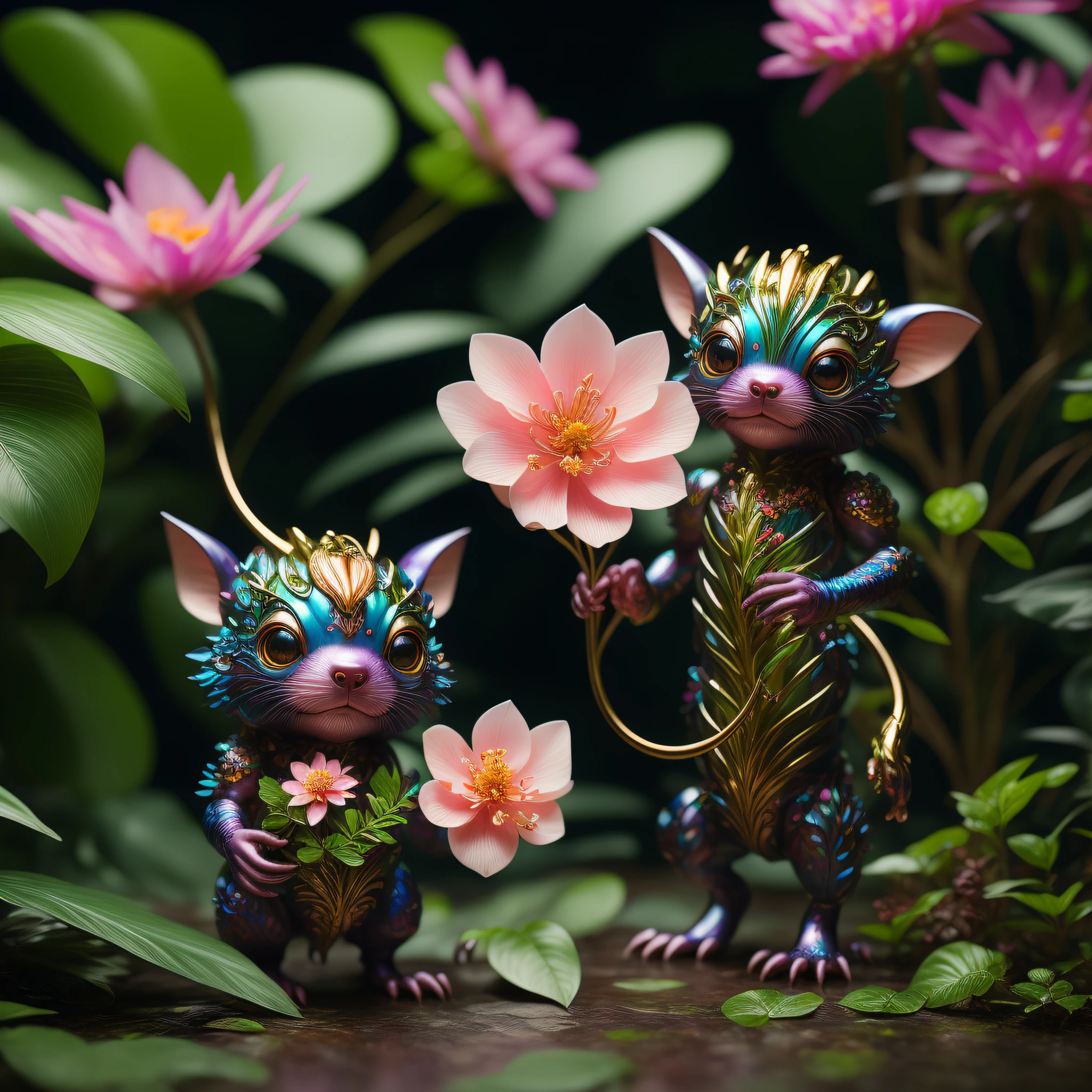 "Extremely hyper-realistic realistic cute creature holding a flower in the vast jungle by James Jean and Android Jones: Jeff Koons: Erin Hanson: Joe Fenton: Dan Mumford: Professional photography, natural lighting, volumetric lighting, minimalist photography illustration, 8k resolution concept art, complex detail, complex, elegant, vast, fantastical:"