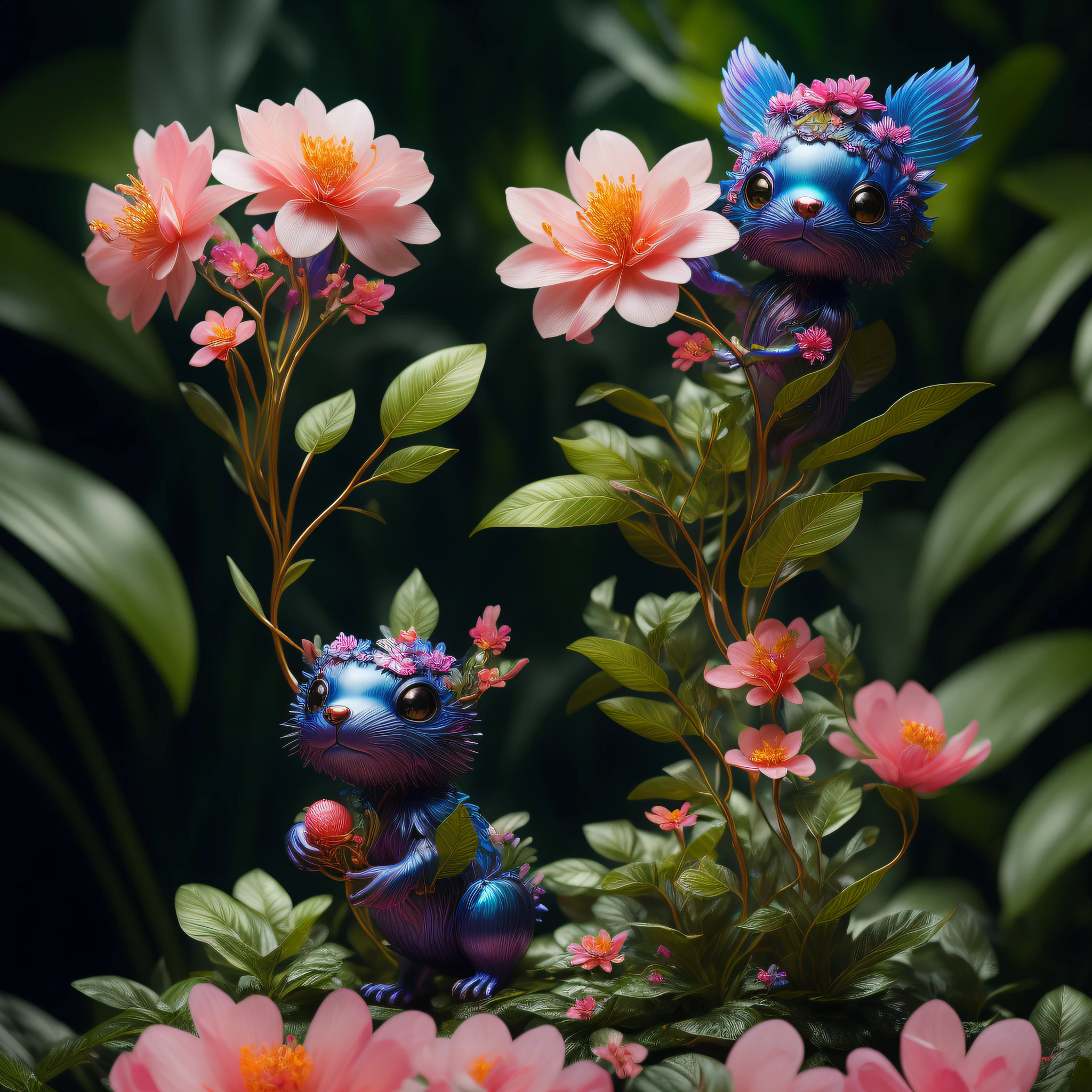 "Extremely hyper-realistic realistic cute creature holding a flower in the vast jungle by James Jean and Android Jones: Jeff Koons: Erin Hanson: Joe Fenton: Dan Mumford: Professional photography, natural lighting, volumetric lighting, minimalist photography illustration, 8k resolution concept art, complex detail, complex, elegant, vast, fantastical:"