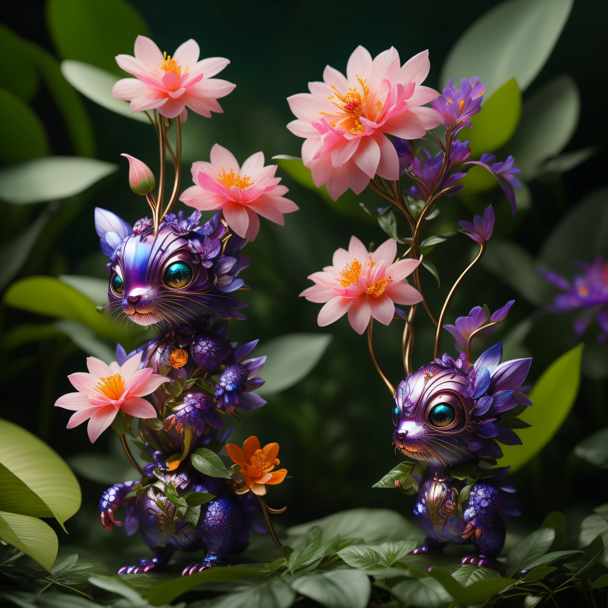 "Extremely hyper-realistic realistic cute creature holding a flower in the vast jungle by James Jean and Android Jones: Jeff Koons: Erin Hanson: Joe Fenton: Dan Mumford: Professional photography, natural lighting, volumetric lighting, minimalist photography illustration, 8k resolution concept art, complex detail, complex, elegant, vast, fantastical:"