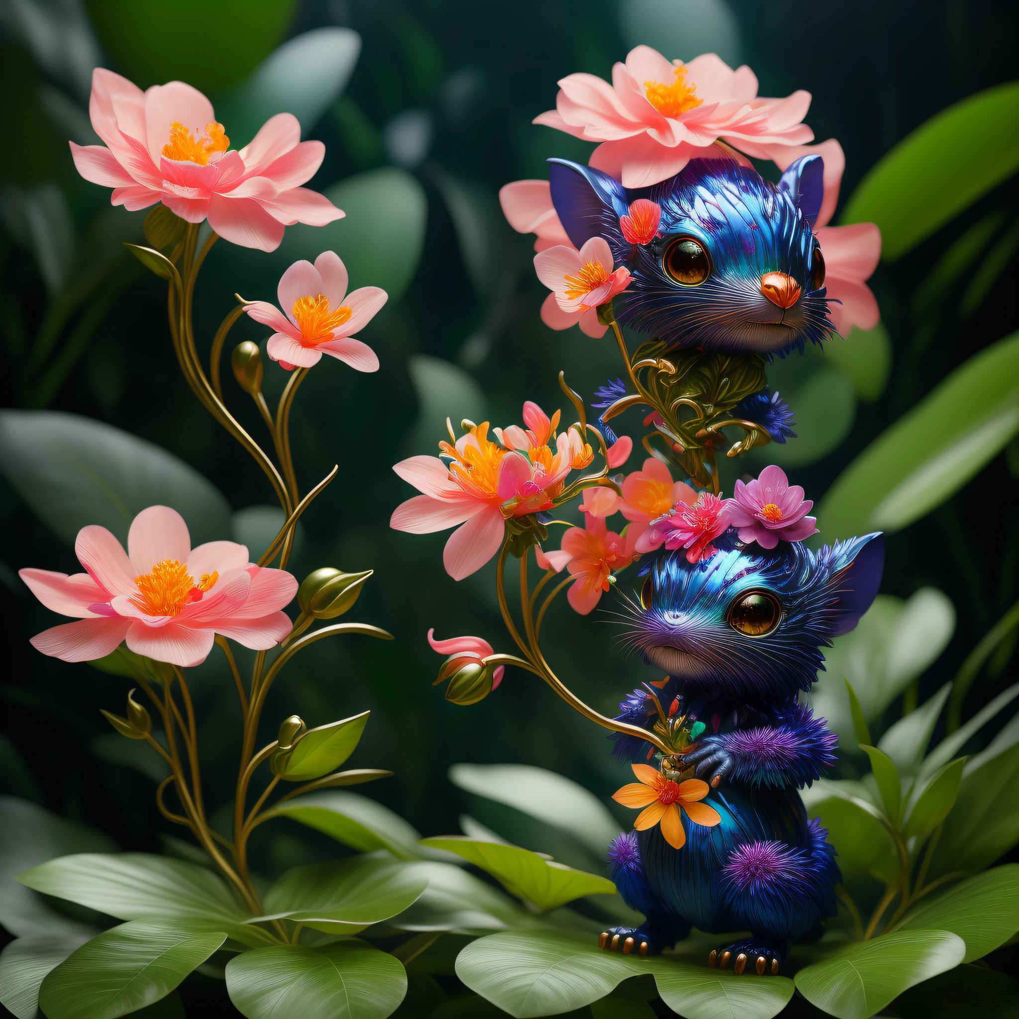 "Extremely hyper-realistic realistic cute creature holding a flower in the vast jungle by James Jean and Android Jones: Jeff Koons: Erin Hanson: Joe Fenton: Dan Mumford: Professional photography, natural lighting, volumetric lighting, minimalist photography illustration, 8k resolution concept art, complex detail, complex, elegant, vast, fantastical:"