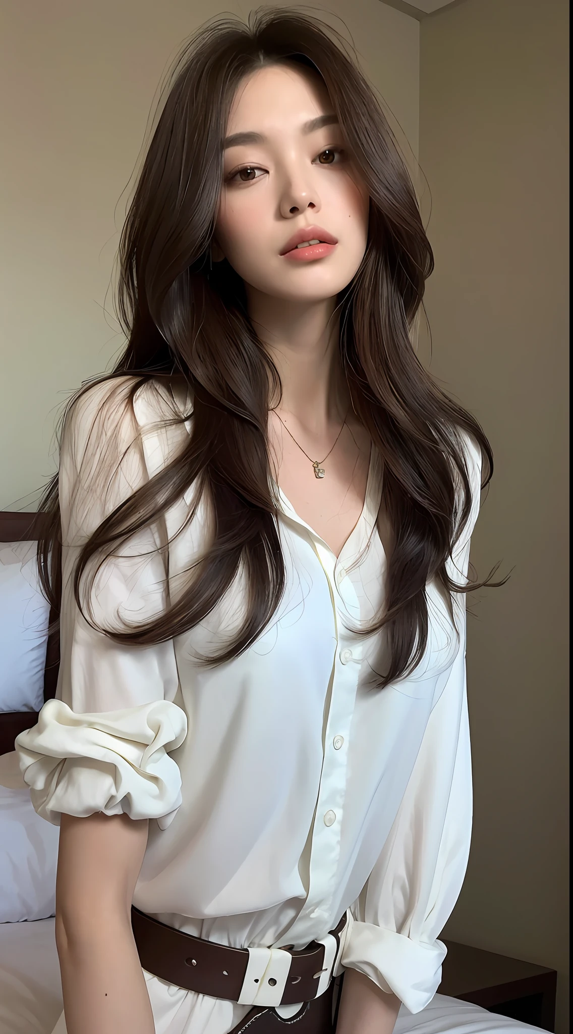 (Best quality, high resolution, masterpiece: 1.3), a tall and beautiful woman, slender abs, dark brown hair in loose wavy styling, breasts, wearing a pendant, white buttoned shirt, belt, black Res Veigna, (background is an interior modern bed), face and skin texture in beautifully presented details, detailed eyes, double eyelids