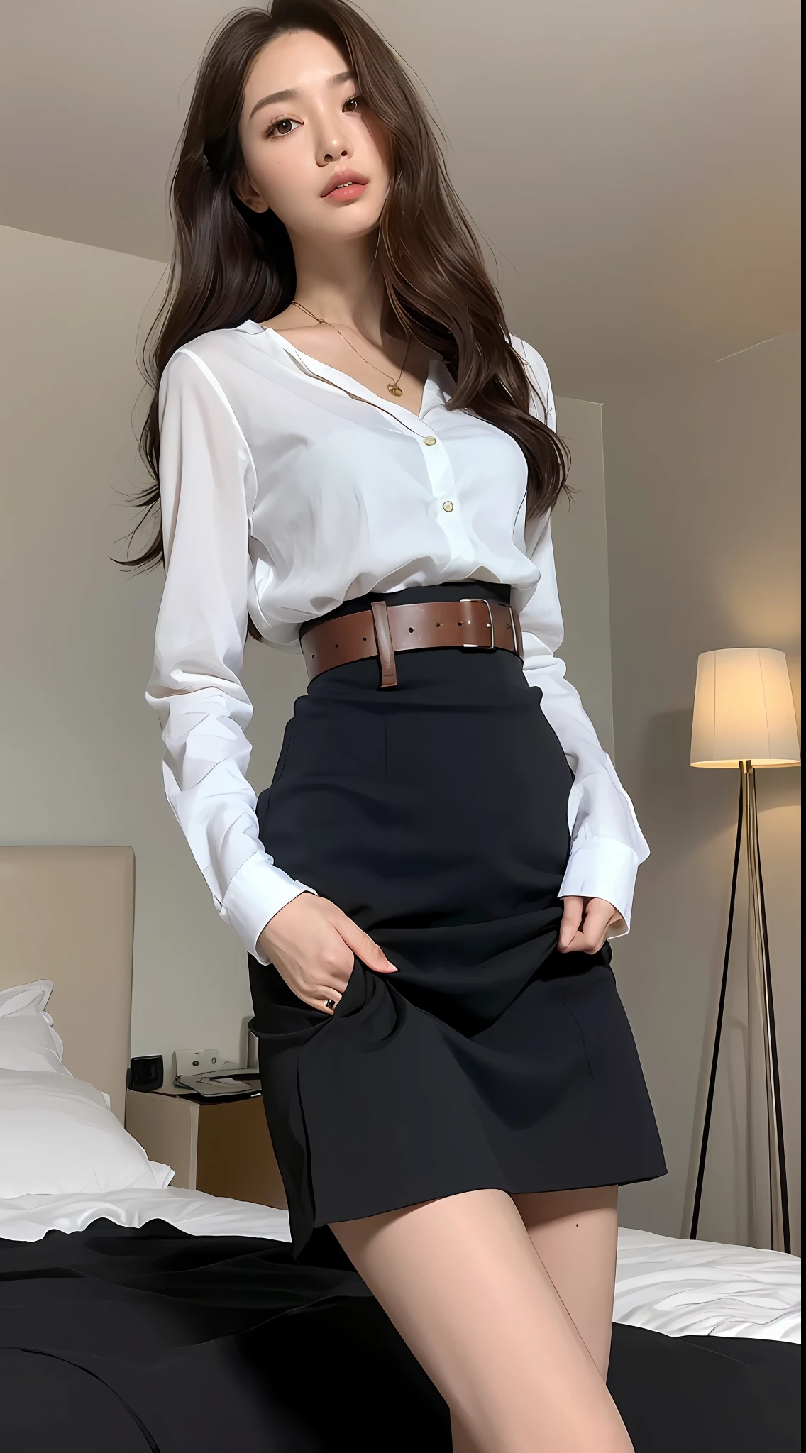 (Best quality, high resolution, masterpiece: 1.3), a tall and beautiful woman, slender abs, dark brown hair in loose wavy styling, breasts, wearing a pendant, white buttoned shirt, belt, black Res Veigna, (background is an interior modern bed), face and skin texture in beautifully presented details, detailed eyes, double eyelids