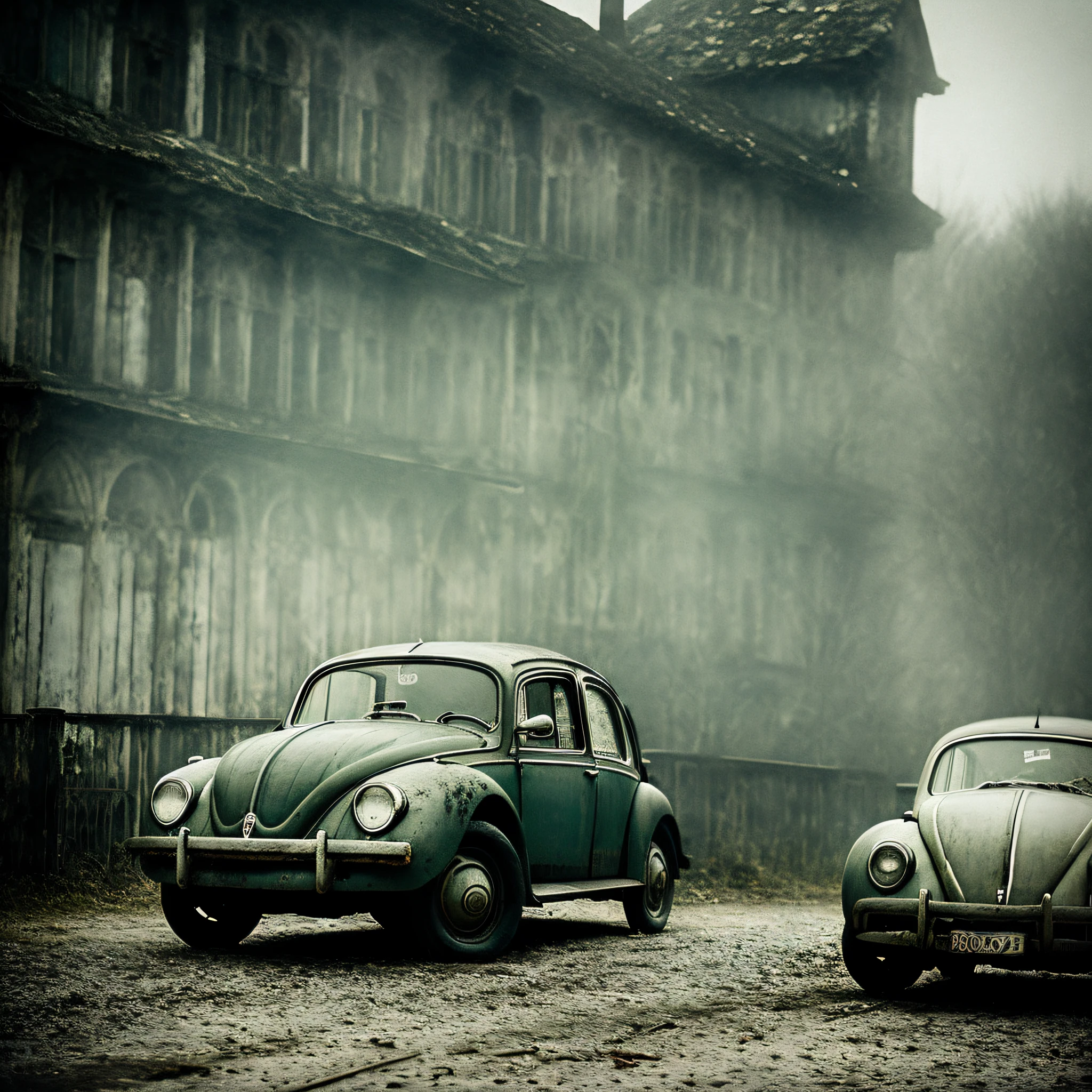 ((low quality), urban photography, (vintage:0.95), (ruin:1.1), grainy image), (ghost:1.3) in beetle, (dark atmosphere), (dark colors), perfect definition.