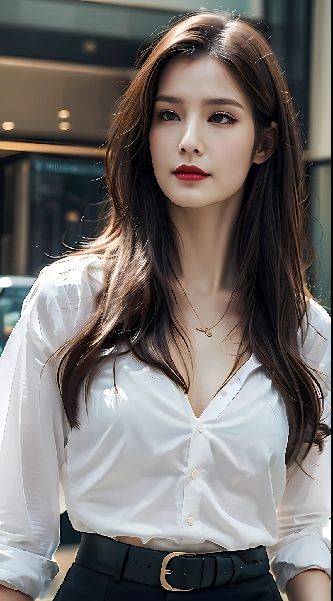 (Best quality, High resolution, Masterpiece :1.3), A tall and pretty woman, Slender abs, Dark brown hair styled in loose waves, Breasts, Wearing pendant, White button up shirt, Belt, Black skirt, (Modern architecture in background), Details exquisitely rendered in the face and skin texture, Detailed eyes, Double eyelid